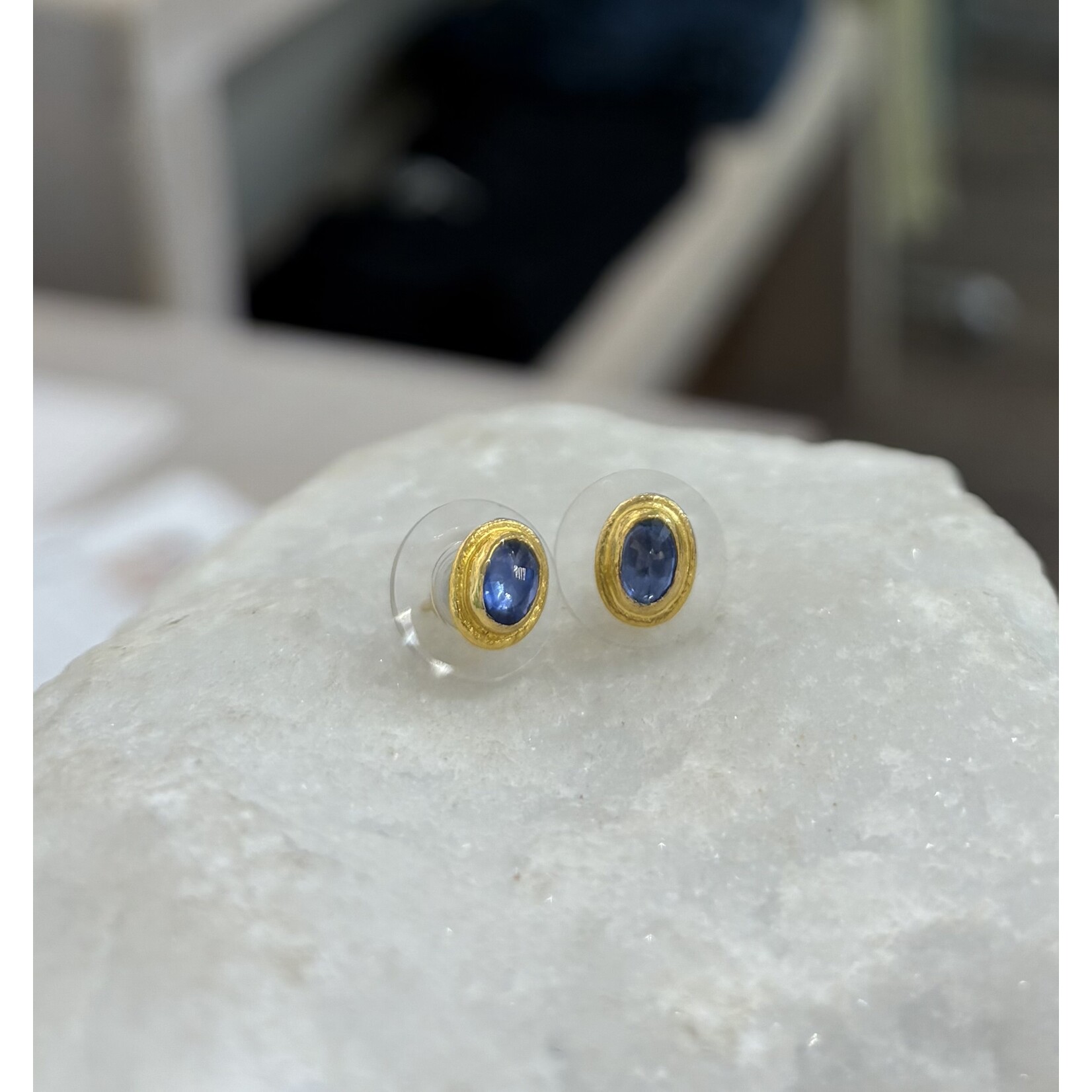 ARA Collection Oval Pavilion Up Sapphire & 24k Gold Studs