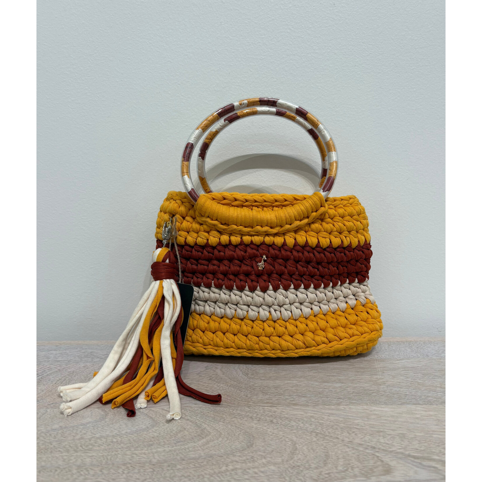 Yellow, Burnt Orange & White Crochet Bag (plus earrings)