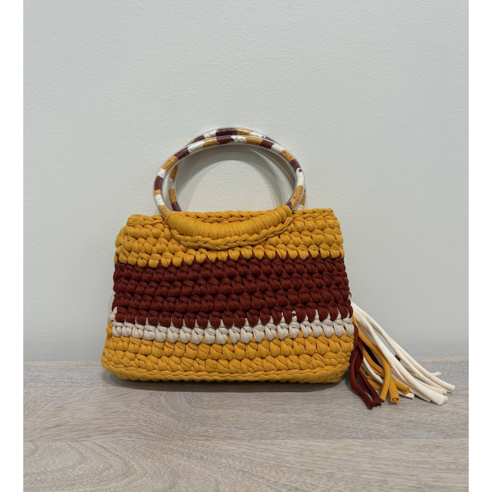 Yellow, Burnt Orange & White Crochet Bag (plus earrings)