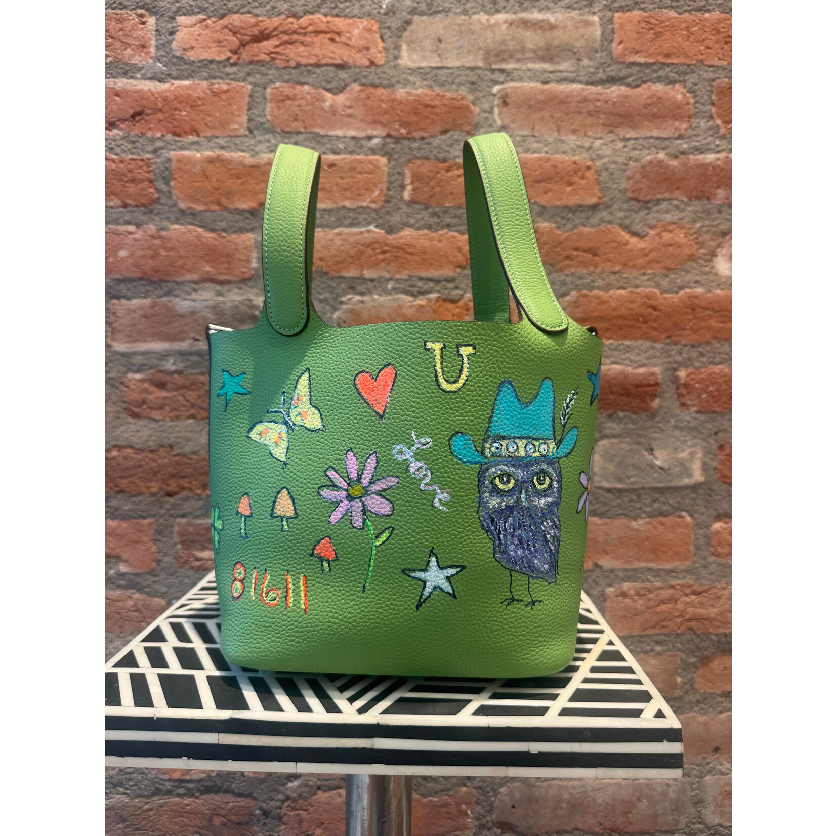Kim Wyly Hand Painted Leather Bucket Bag - Lime Green