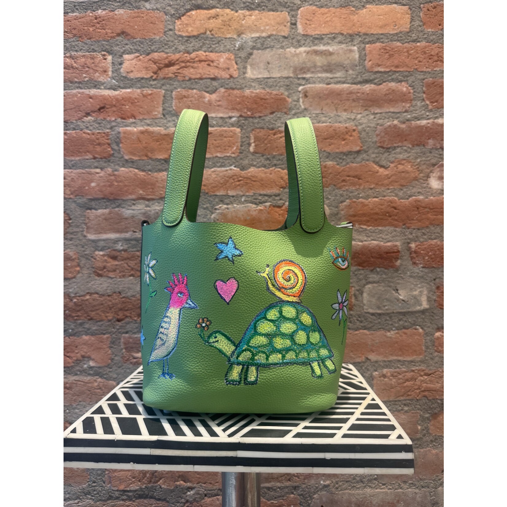 Kim Wyly Hand Painted Leather Bucket Bag - Lime Green