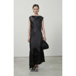Beatrice Cowl Neck Asymmetrical Long Dress with Macrame Lace Hemline