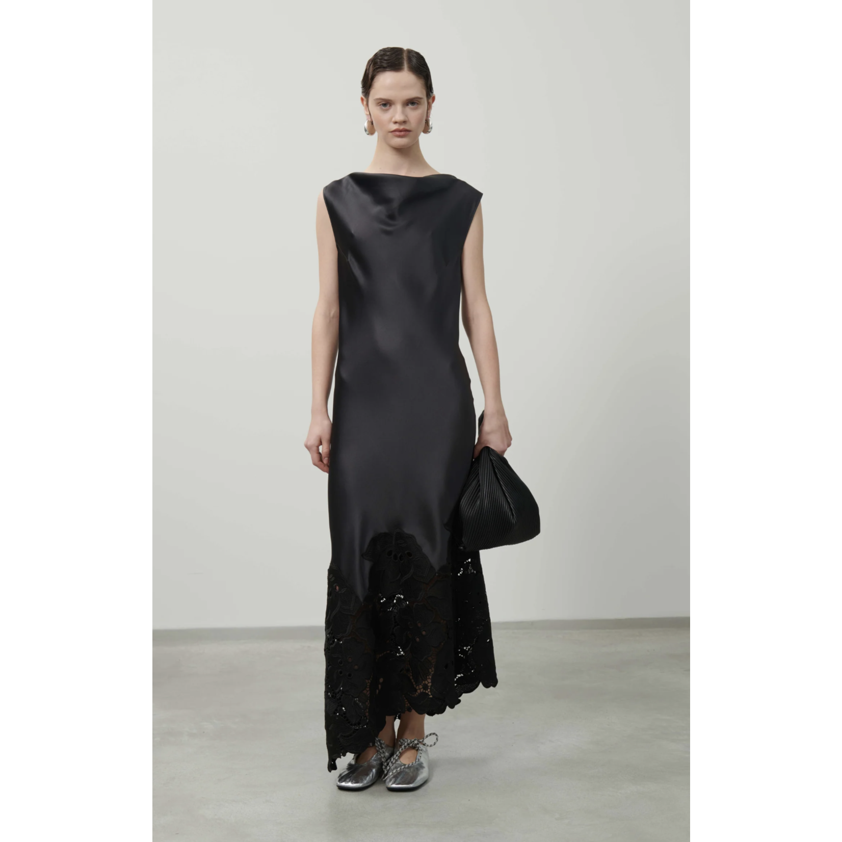 Beatrice Cowl Neck Asymmetrical Long Dress with Macrame Lace Hemline
