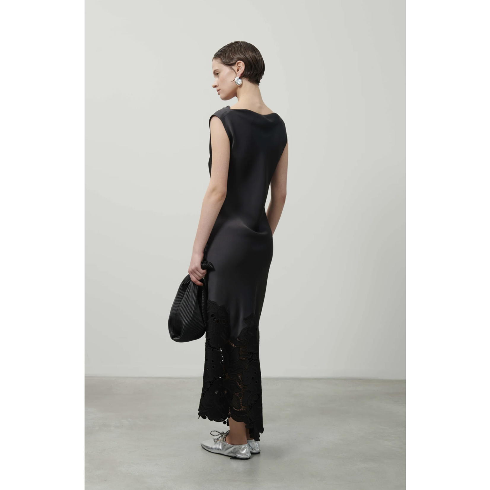 Beatrice Cowl Neck Asymmetrical Long Dress with Macrame Lace Hemline