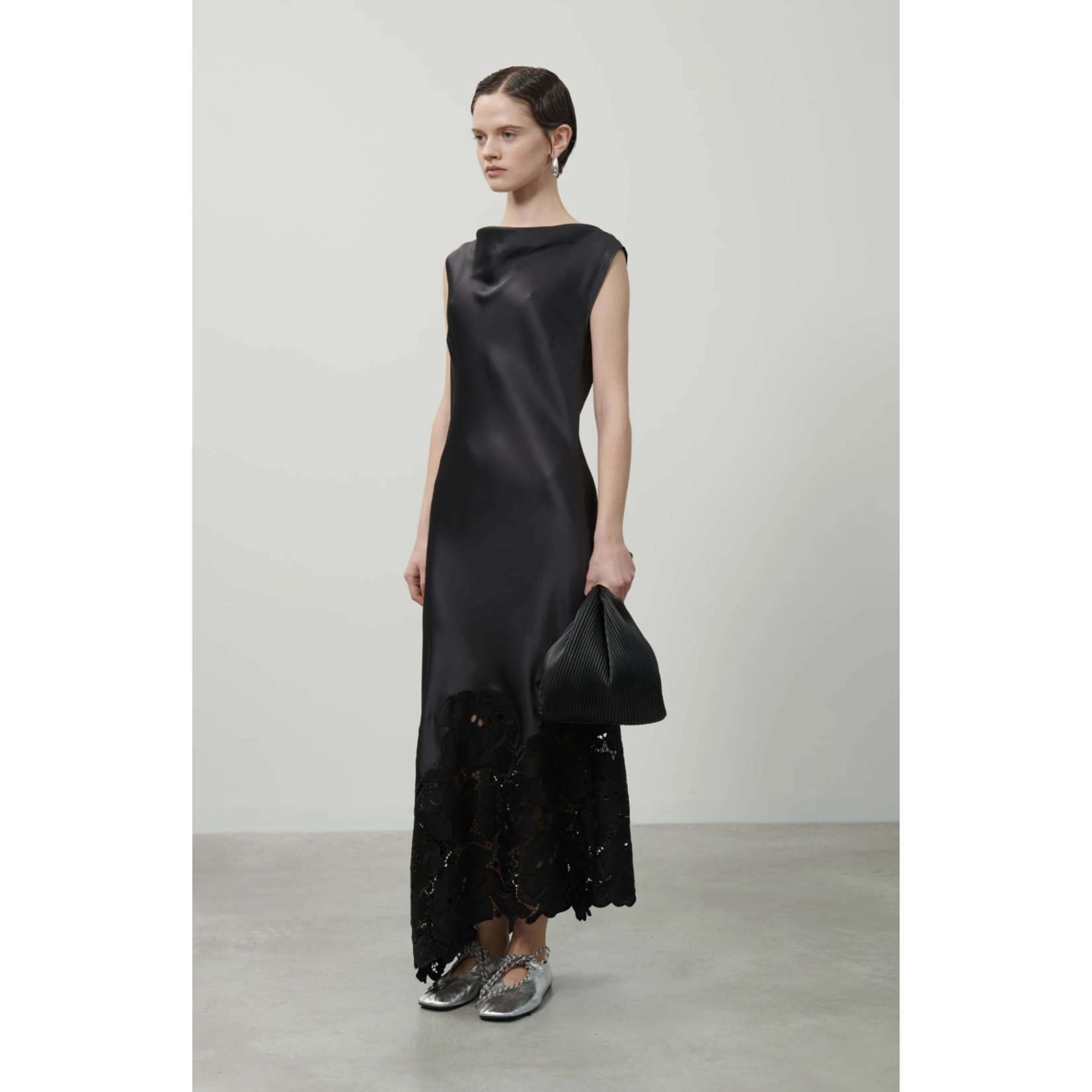 Beatrice Cowl Neck Asymmetrical Long Dress with Macrame Lace Hemline