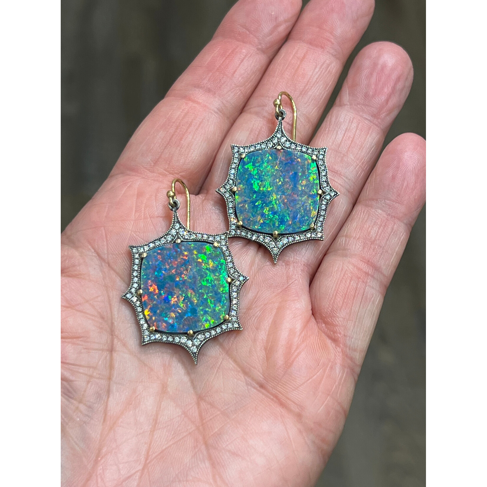 Arman Sarkisyan Sliced Australian Opal and Diamond Shield Drop Earings