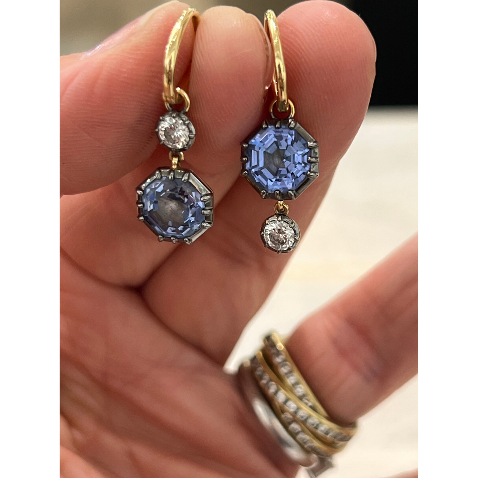 Andi Alyse Lab Diamond and Sapphire Drop Earrings set in 18K Yellow Gold