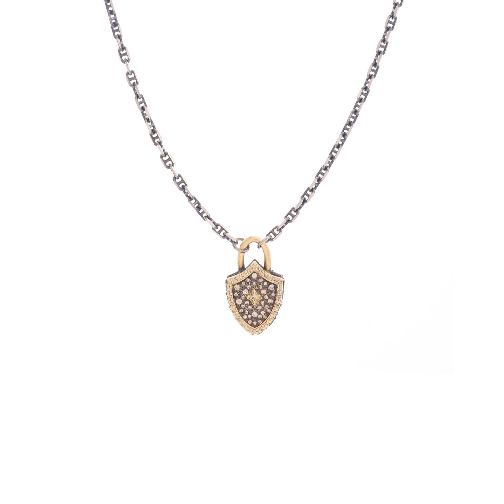 Armenta Old World 18K Yellow Gold & SS Necklace w/Small Shield Pendant w/Champagne Diamonds and Blue-Green Tourmaline, 16-18", .45ctw