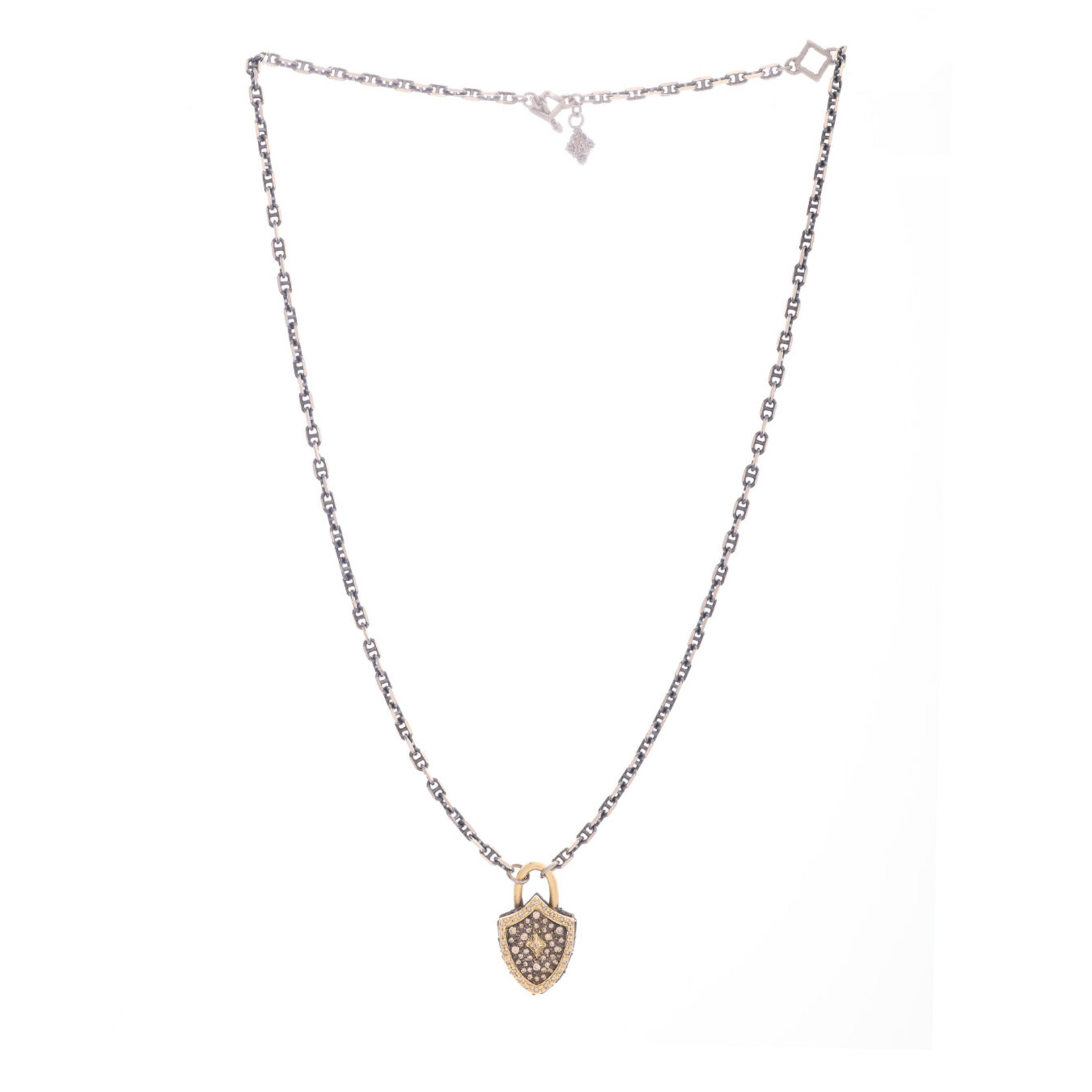 Armenta Old World 18K Yellow Gold & SS Necklace w/Small Shield Pendant w/Champagne Diamonds and Blue-Green Tourmaline, 16-18", .45ctw