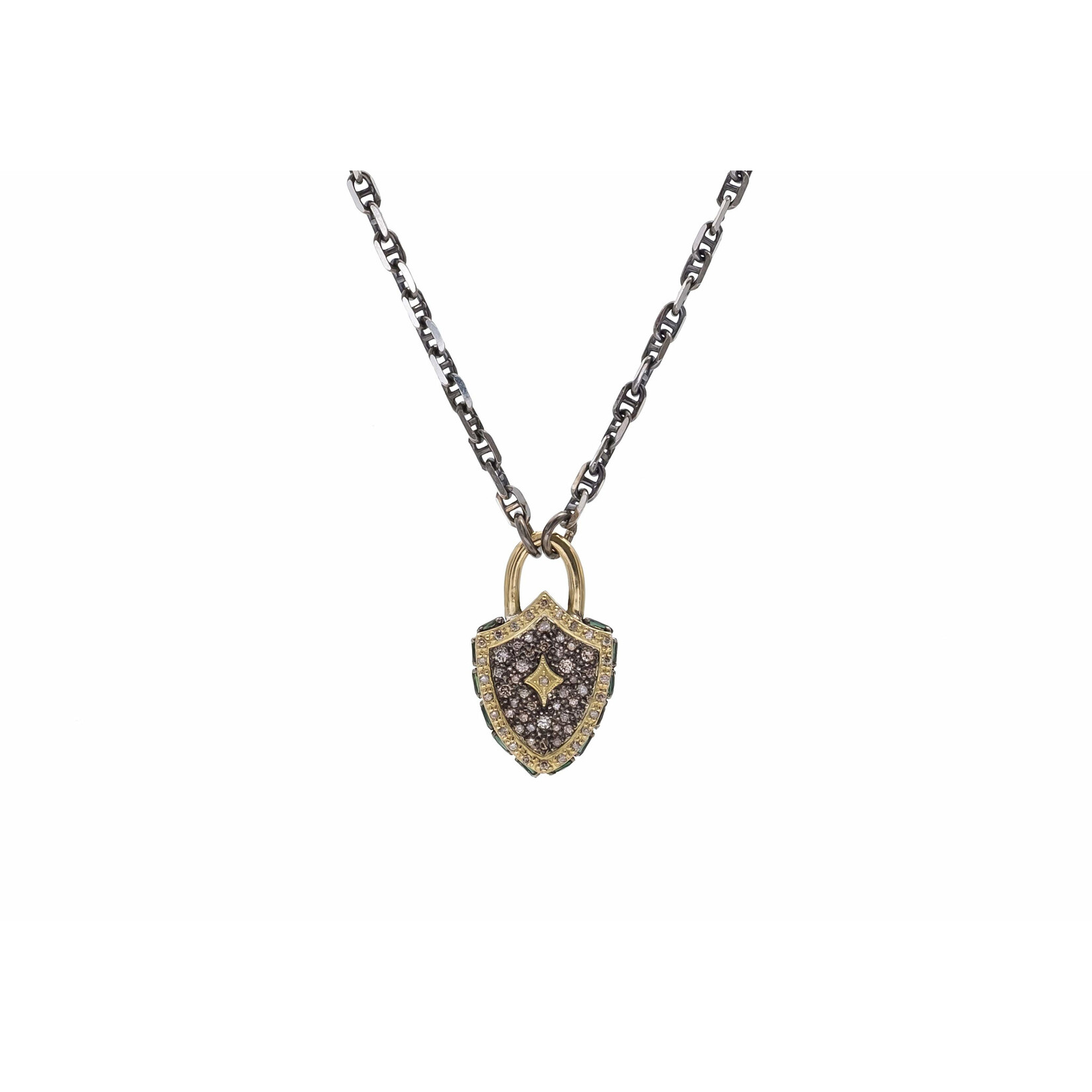 Armenta Old World 18K Yellow Gold & SS Necklace w/Small Shield Pendant w/Champagne Diamonds and Blue-Green Tourmaline, 16-18", .45ctw