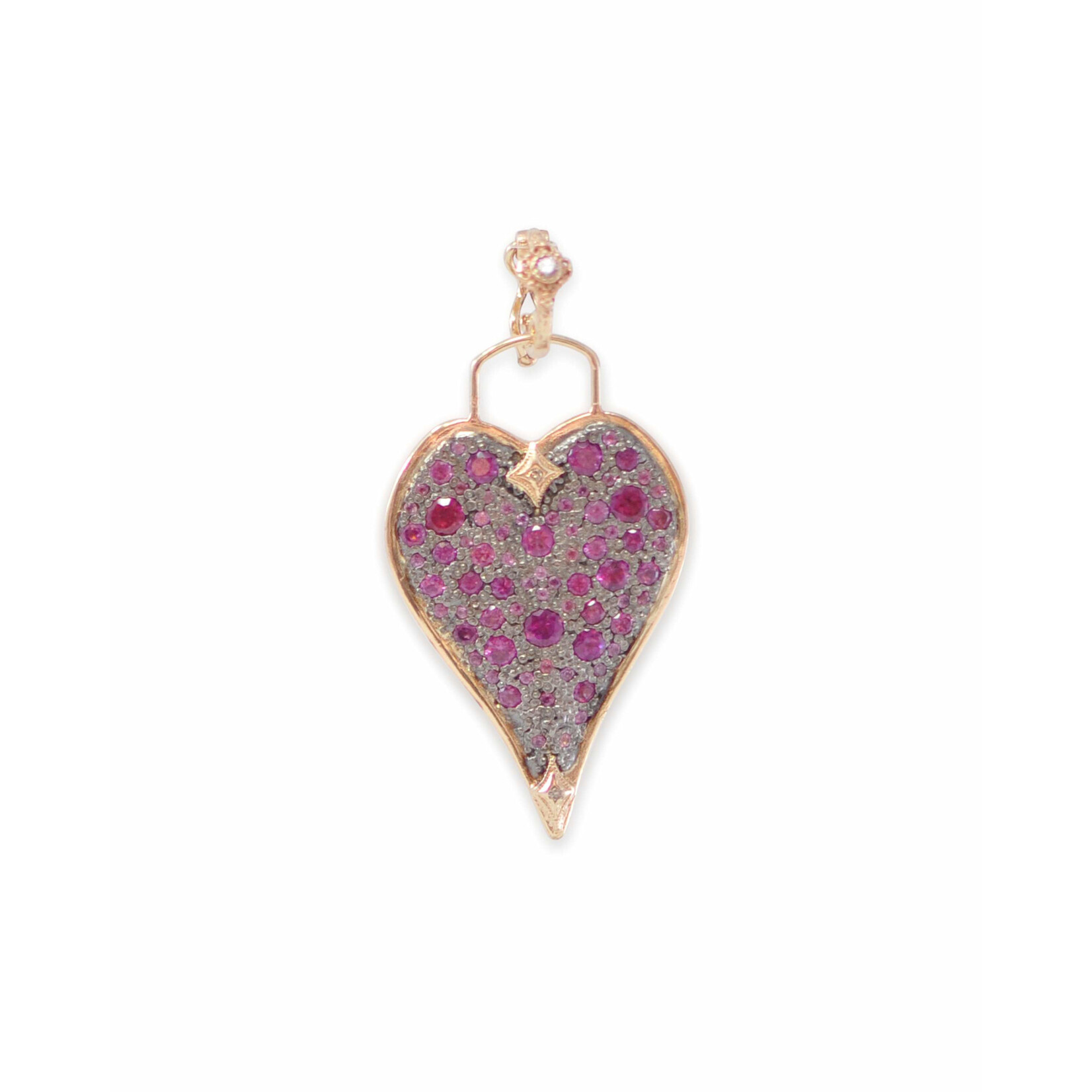 Armenta Pave Rhodolite and Champagne Diamond 30mm Heart Shield set in 14K Yellow Gold and Gunmetal SS
