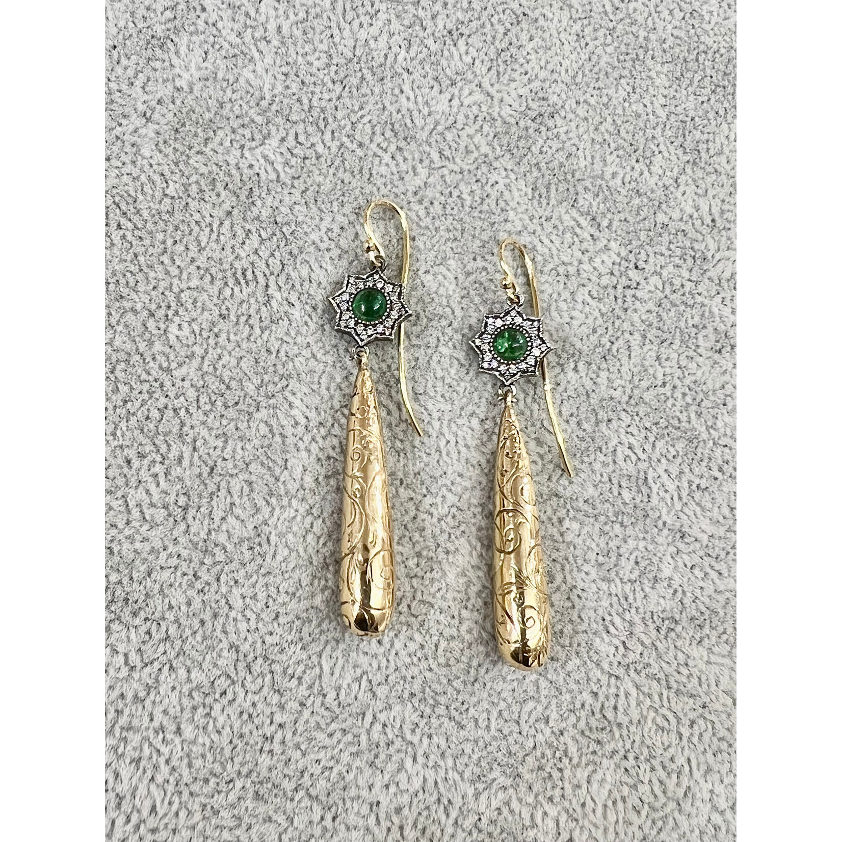 Arman Sarkisyan Engraved 18k Gold Drop Earrings with Diamond and Tsavorite Flowers