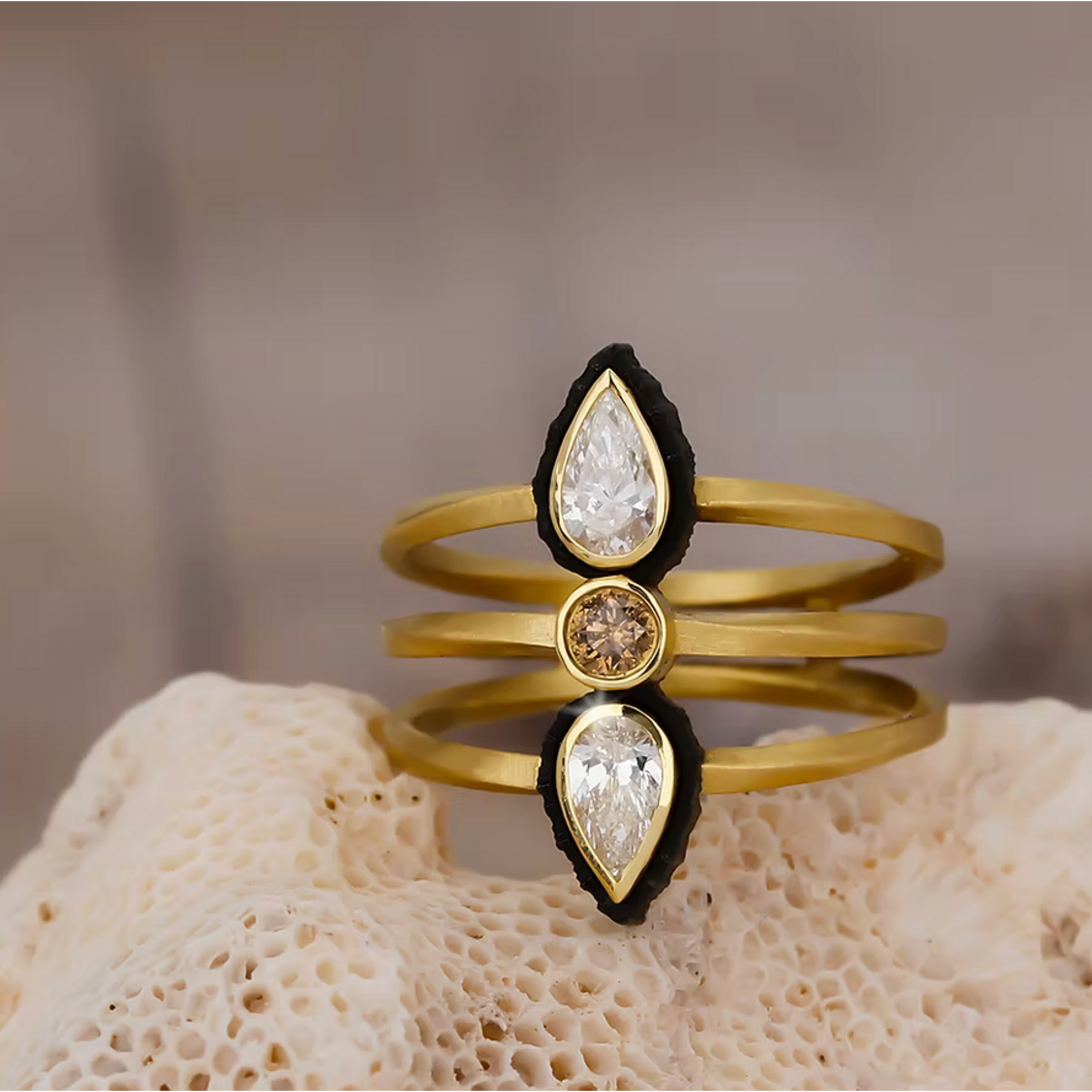 Sarah Graham Metalsmithing Twisted Triple Band Tapered with White and Cognac Diamonds