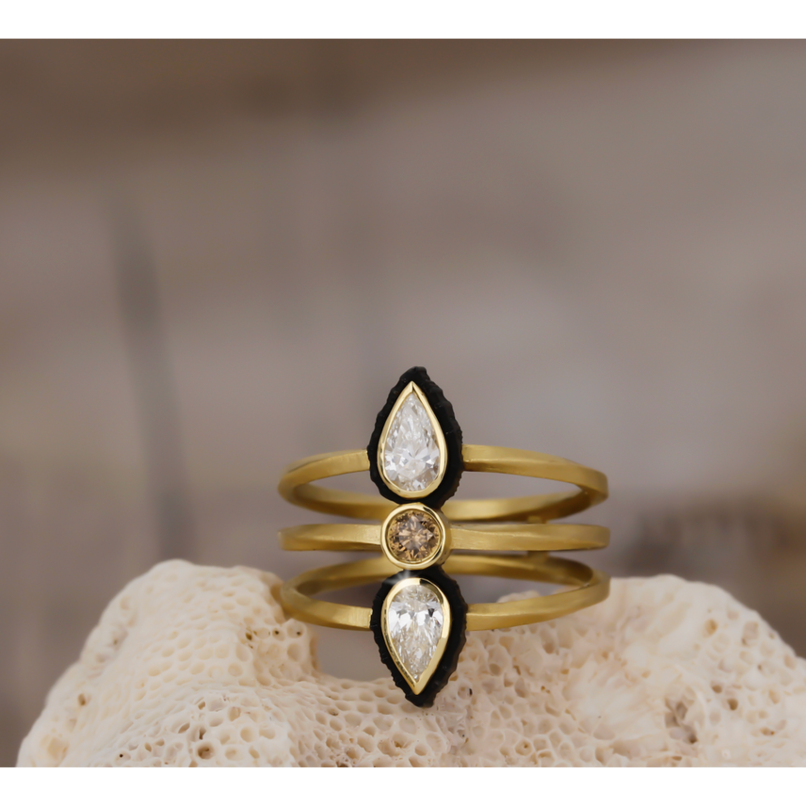 Sarah Graham Metalsmithing Twisted Triple Band Tapered with White and Cognac Diamonds