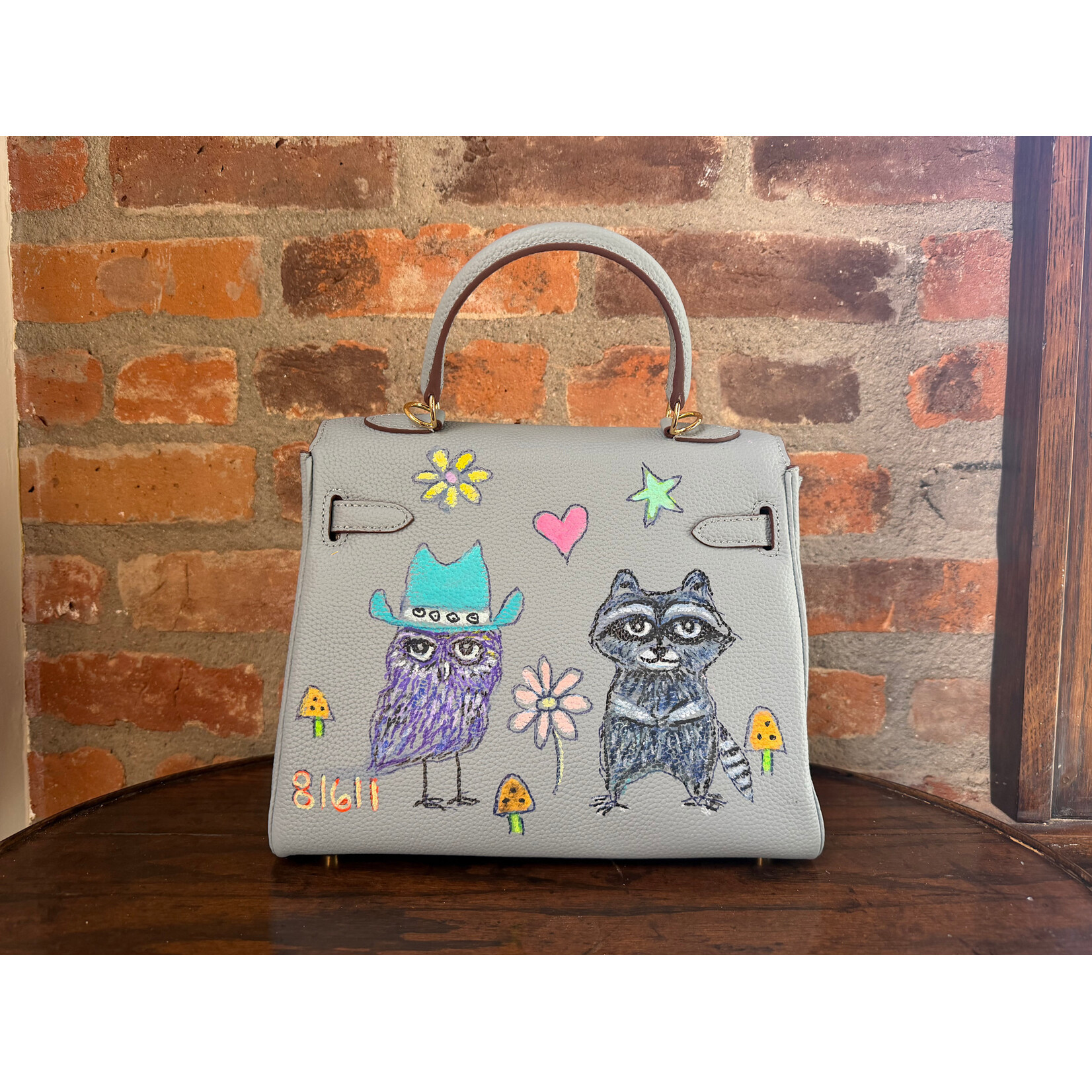 Kim Wyly Hand Painted Leather Kelly Bag - Blue/Grey