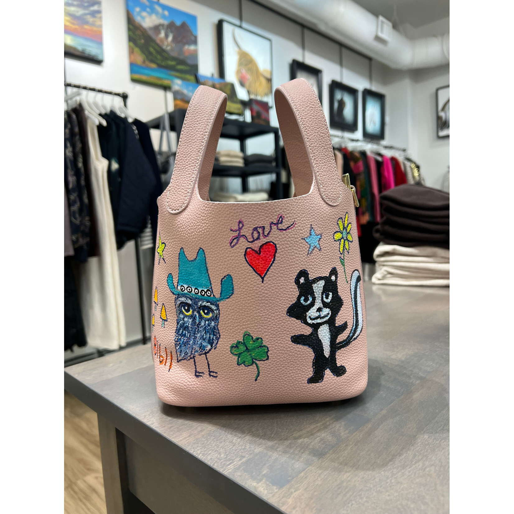Kim Wyly Color Me Pink Hand Painted Leather Bucket Bag