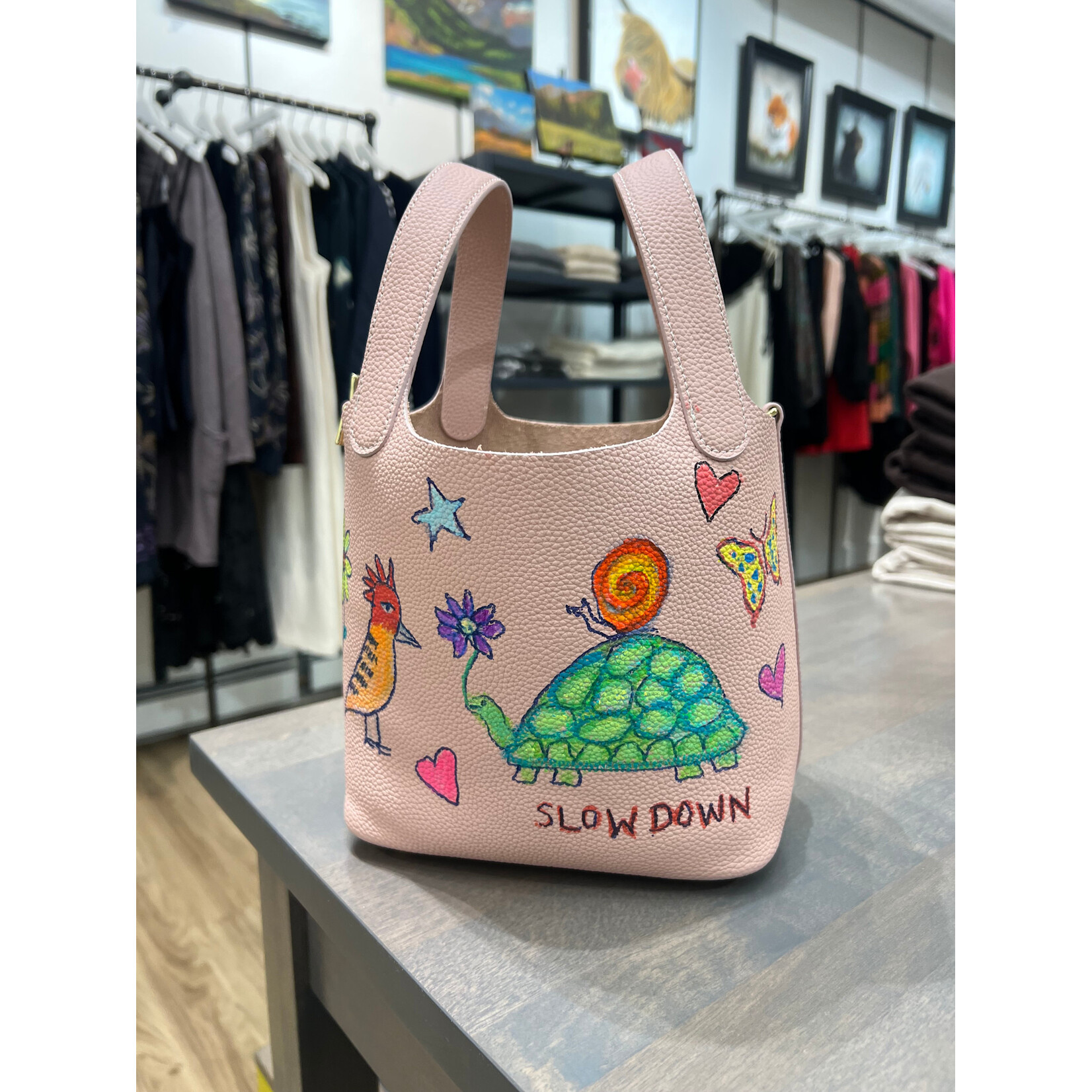 Kim Wyly Color Me Pink Hand Painted Leather Bucket Bag