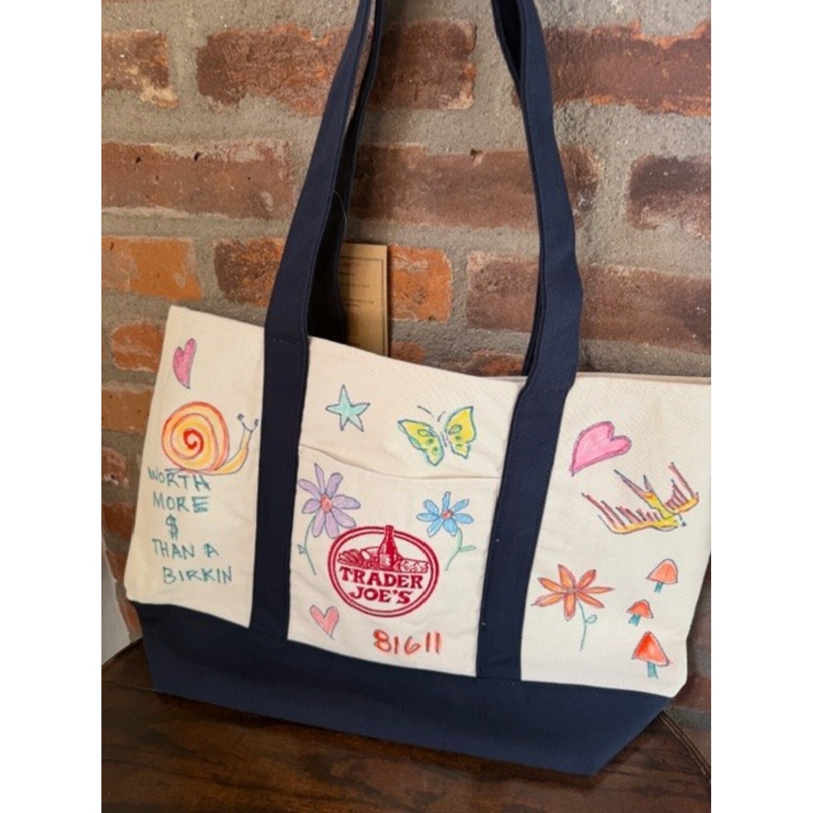 Kim Wyly Trader Joe's Navy Canvas Hand Painted Bag