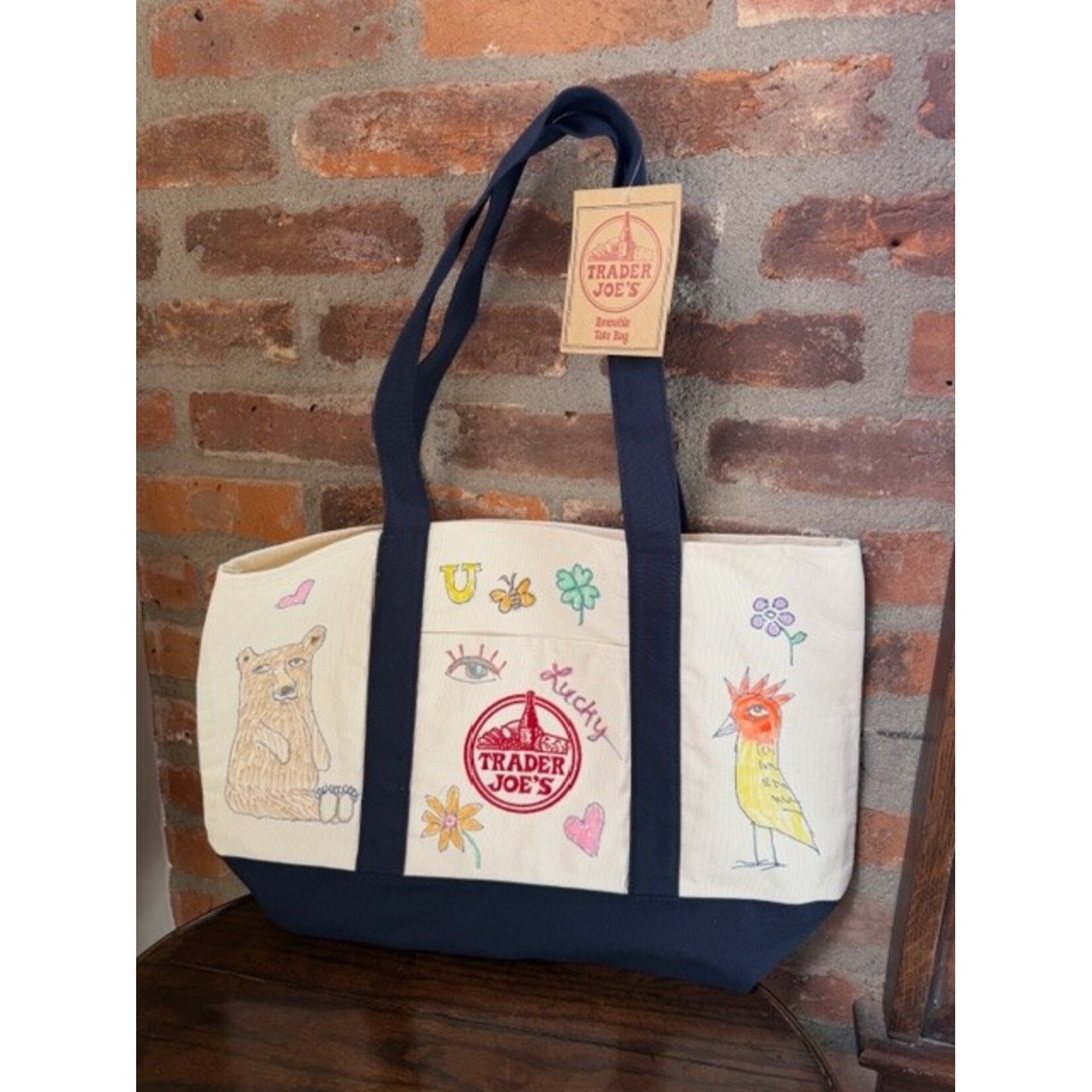 Kim Wyly Trader Joe's Navy Canvas Hand Painted Bag