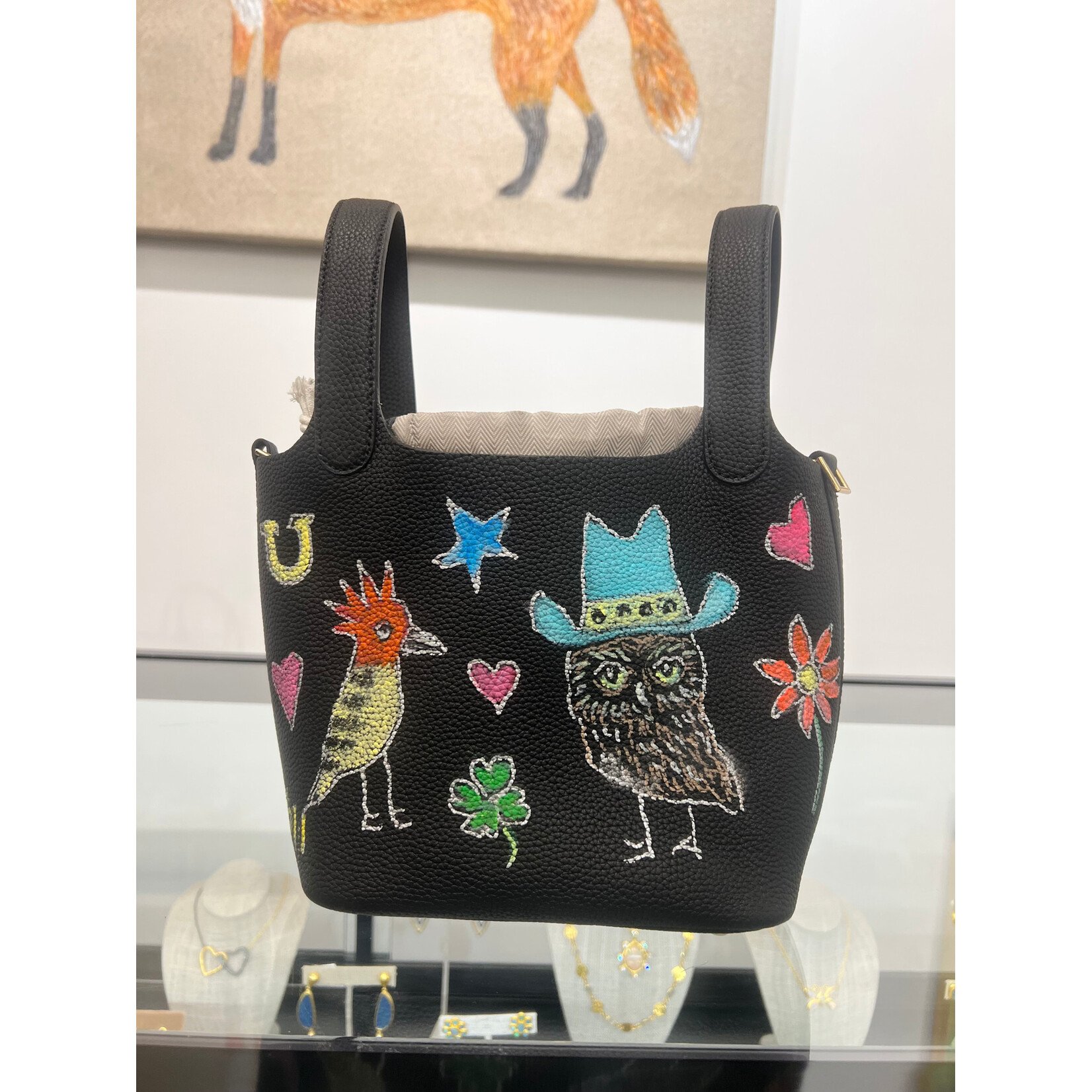 Kim Wyly Hand Painted Leather Bucket Bag- Black Slow Down