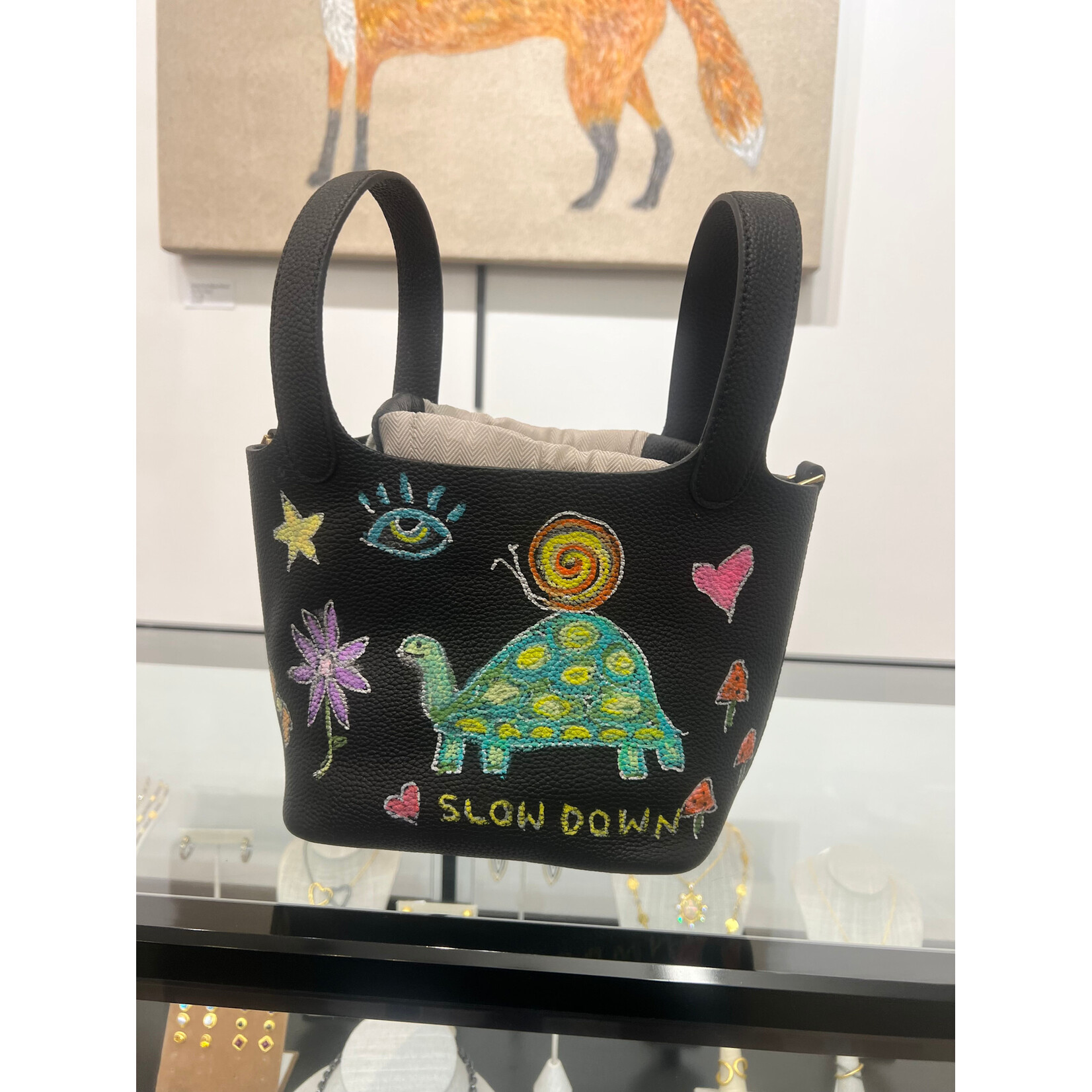 Kim Wyly Hand Painted Leather Bucket Bag- Black Slow Down