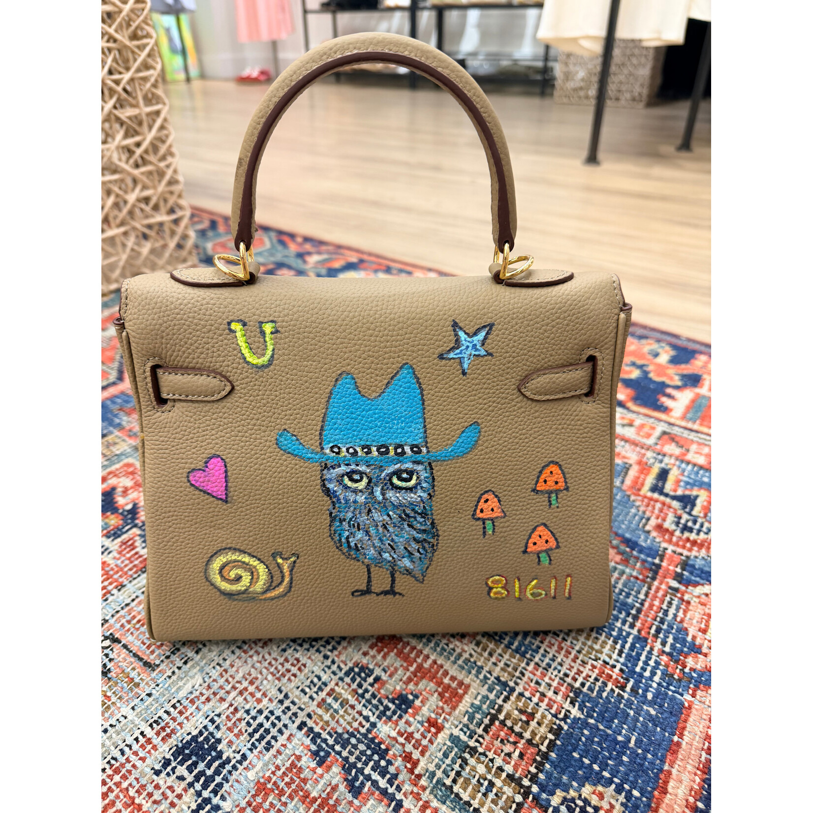 Kim Wyly Hand Painted Taupe Leather Kelly Bag