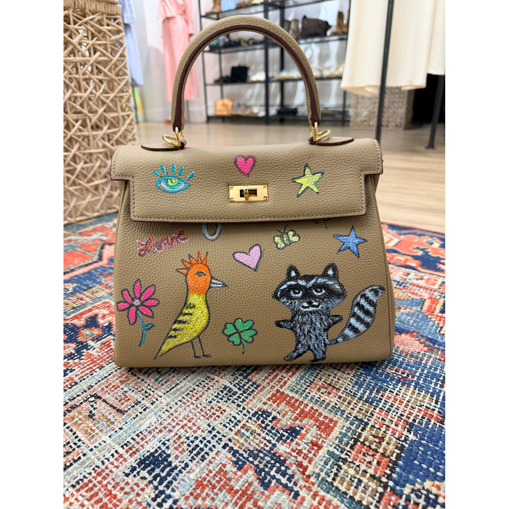 Kim Wyly Hand Painted Taupe Leather Kelly Bag