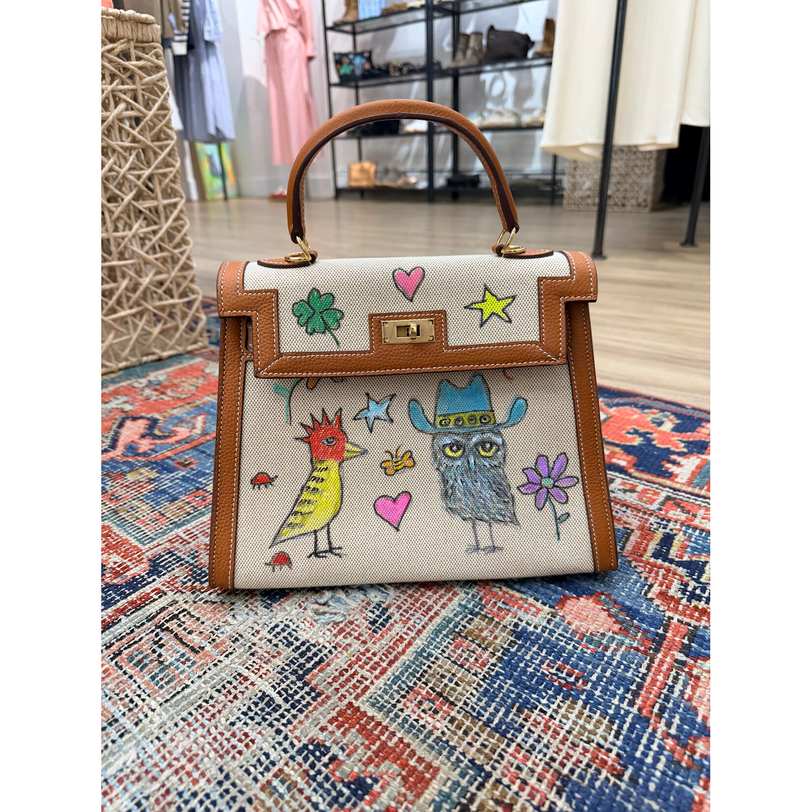 Kim Wyly Hand Painted Leather and Canvas Kelly Bag