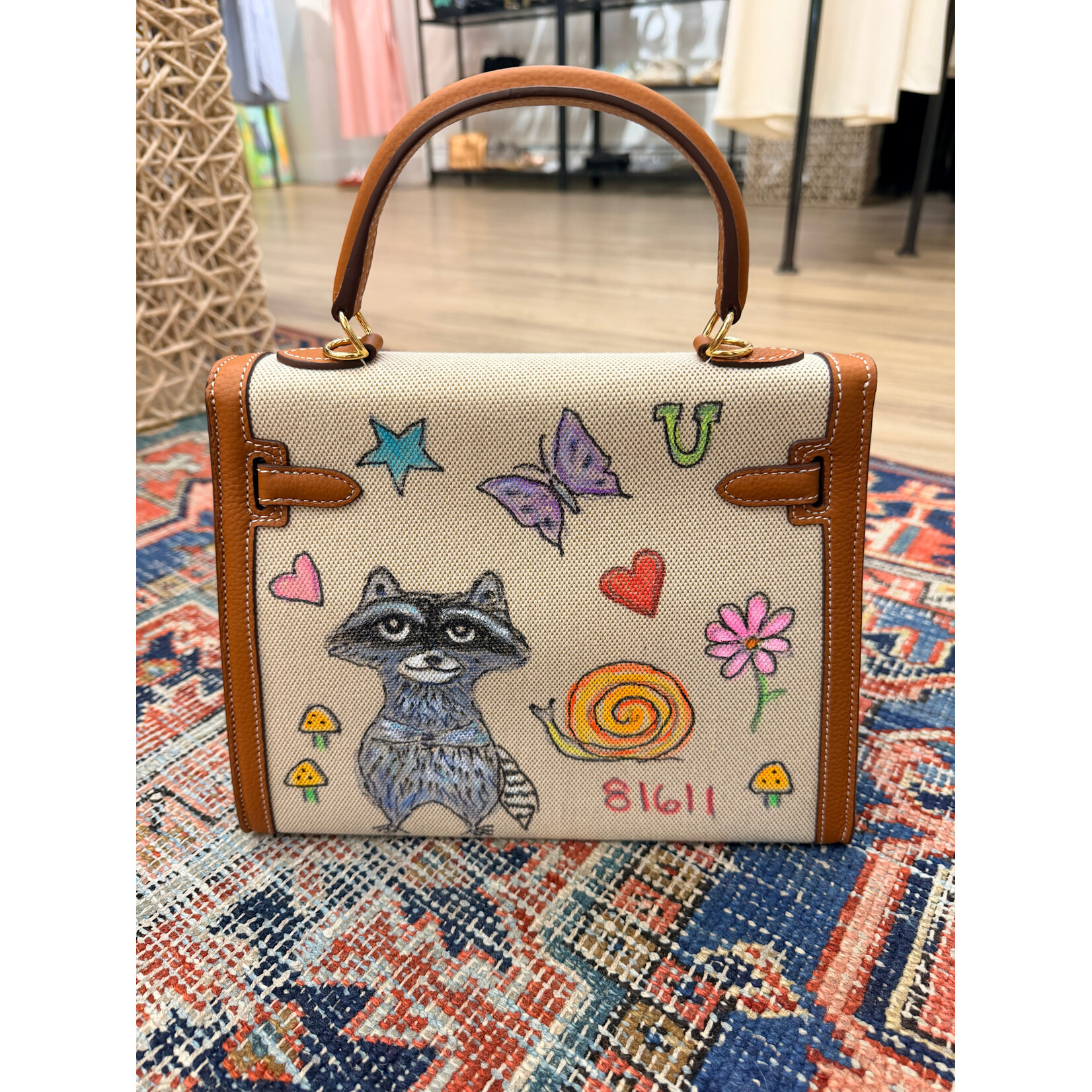 Kim Wyly Hand Painted Leather and Canvas Kelly Bag