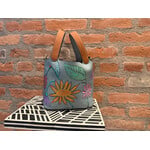 Kim Wyly Hand Painted Blue Gray Leather Bucket Bag w/Flower Motif