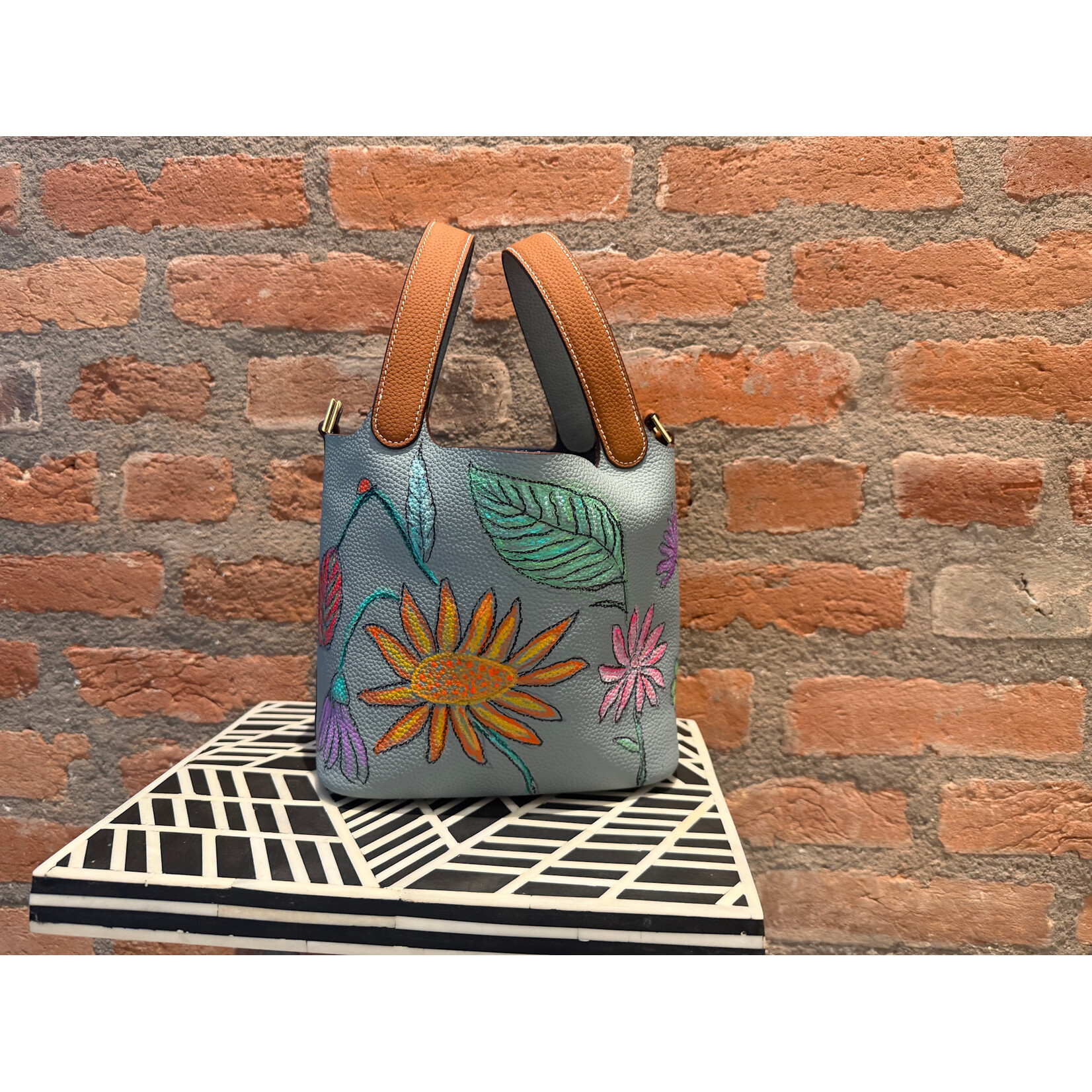 Kim Wyly Hand Painted Blue Gray Leather Bucket Bag w/Flower Motif