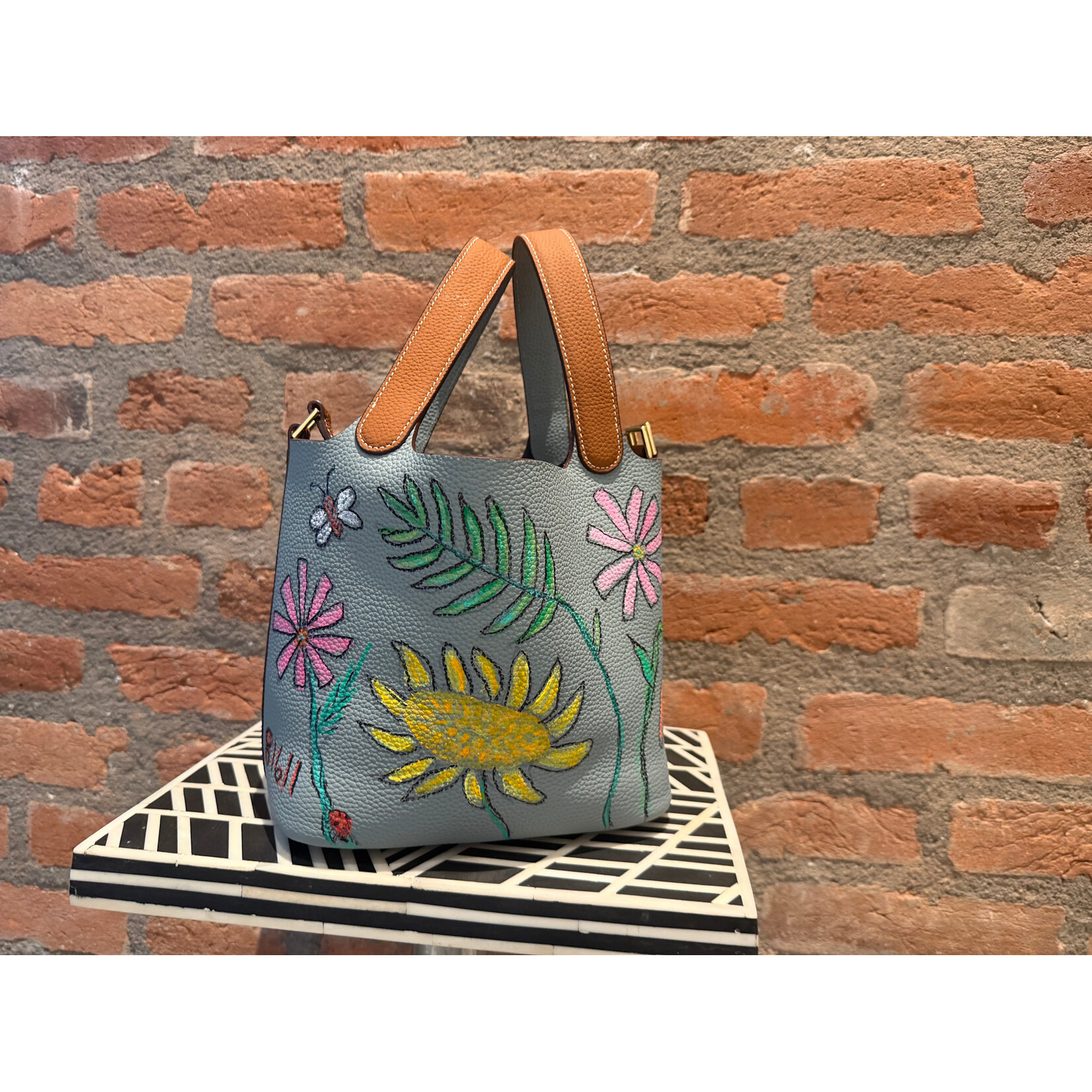 Kim Wyly Hand Painted Blue Gray Leather Bucket Bag w/Flower Motif