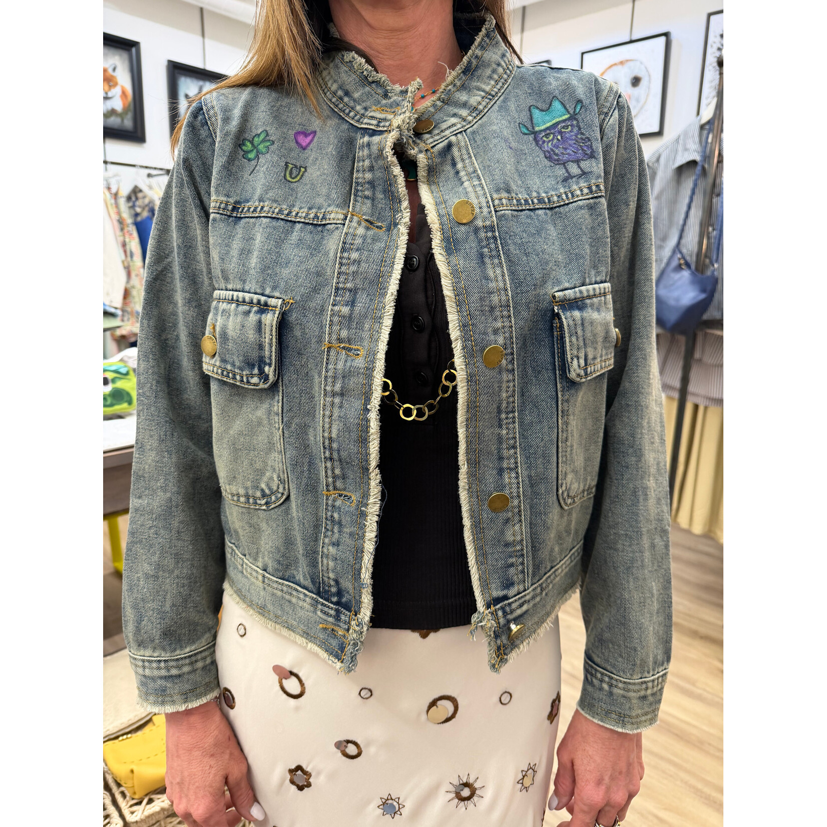Kim Wyly Hand Painted Crop Denim Jacket