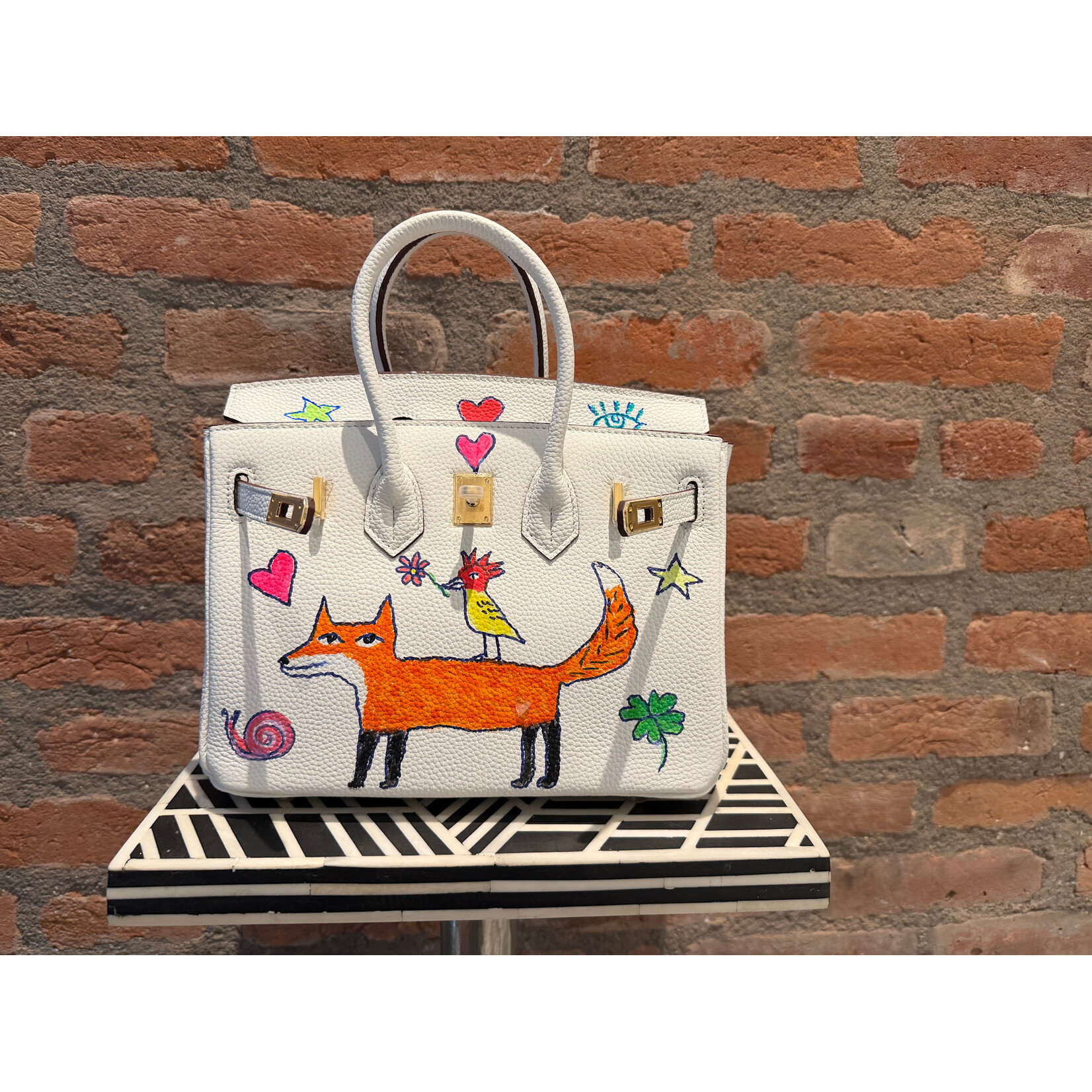 Kim Wyly Hand Painted White Leather "Birkin"