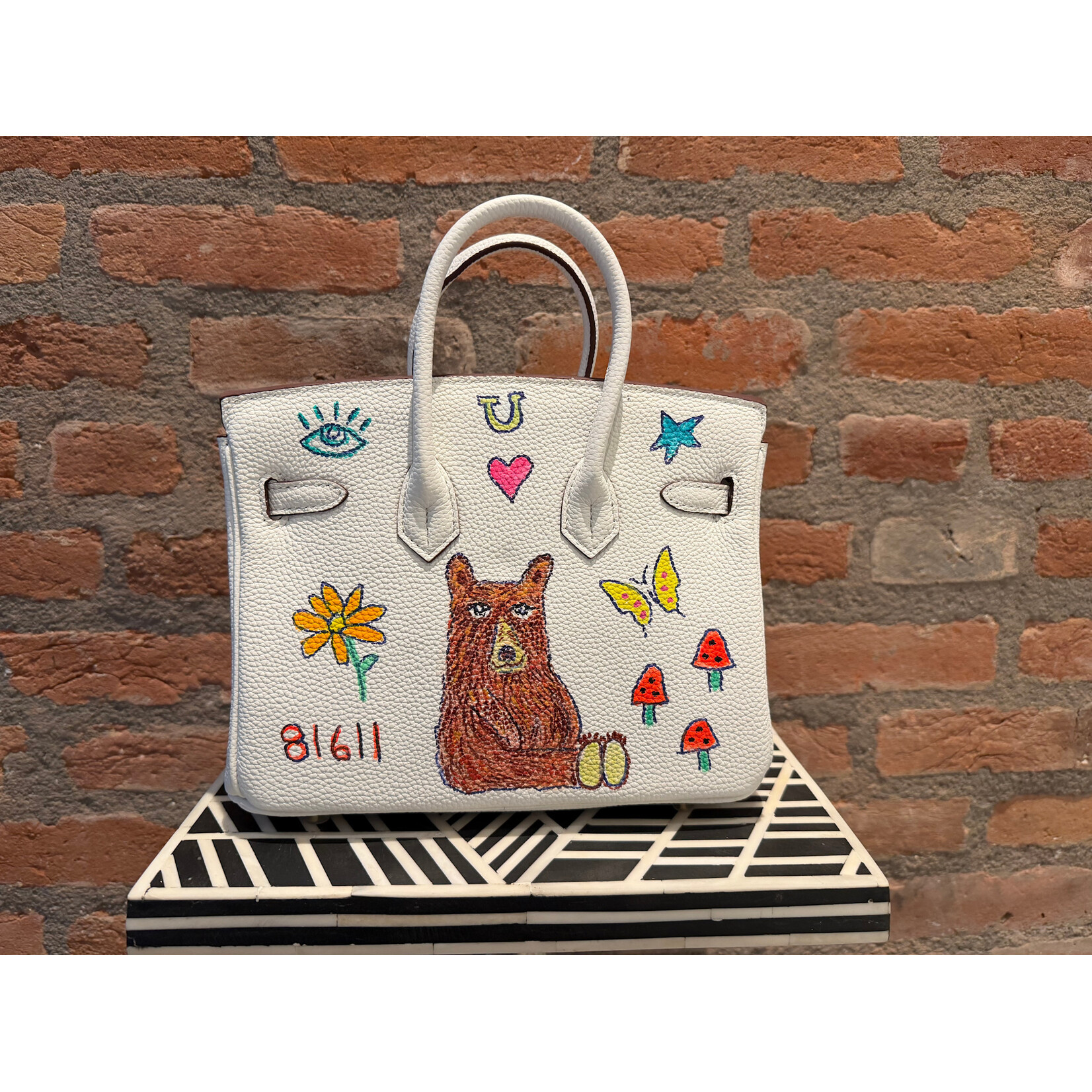 Kim Wyly Hand Painted White Leather "Birkin"