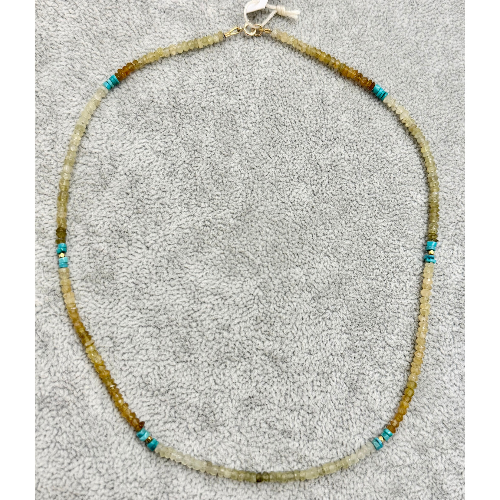 Theodosia Grossular Garnet, Turquoise, 14k Four Station Delicate Necklace, 16 inches