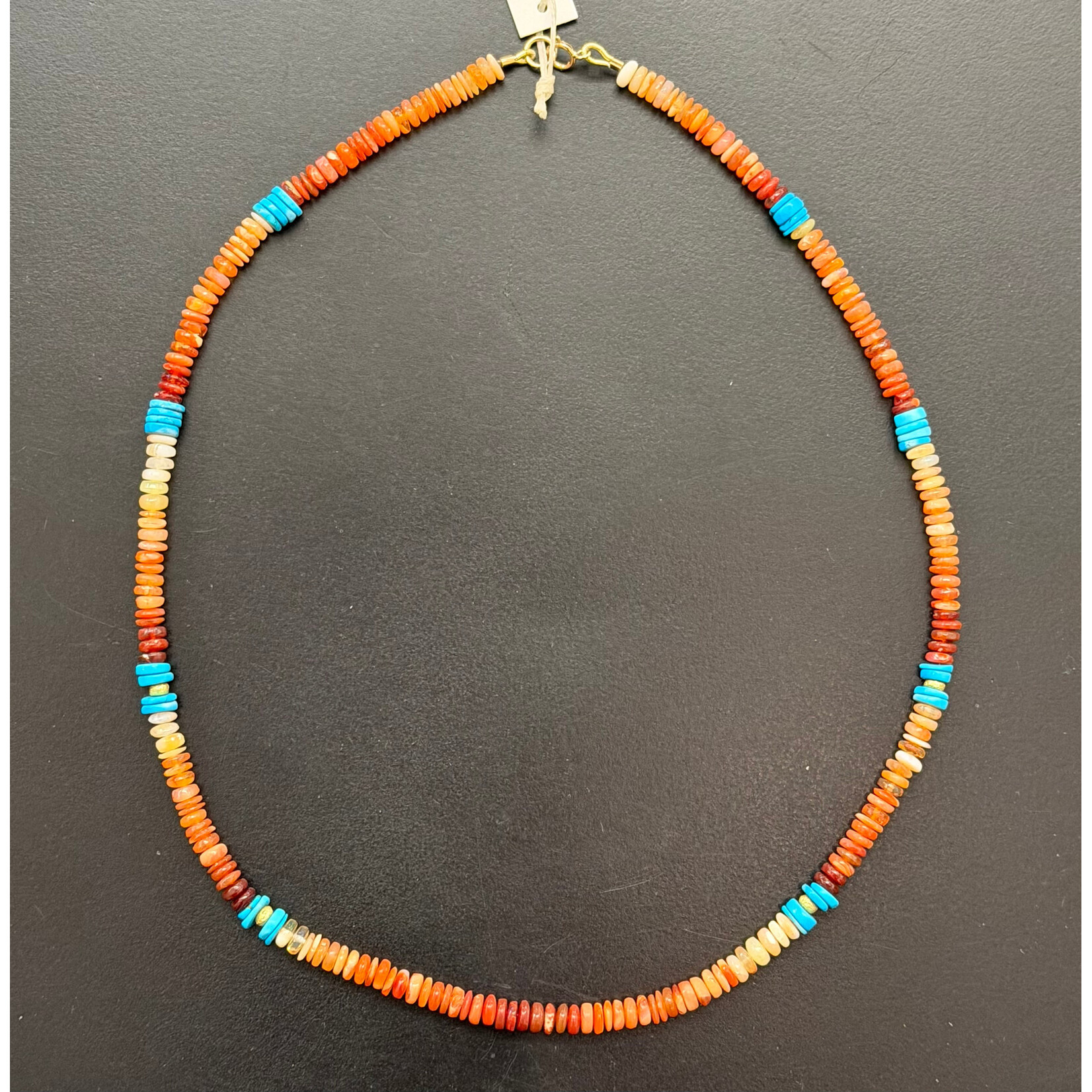 Theodosia Fire Opal and Turquoise Four Station Necklace, 14k, 17 inches