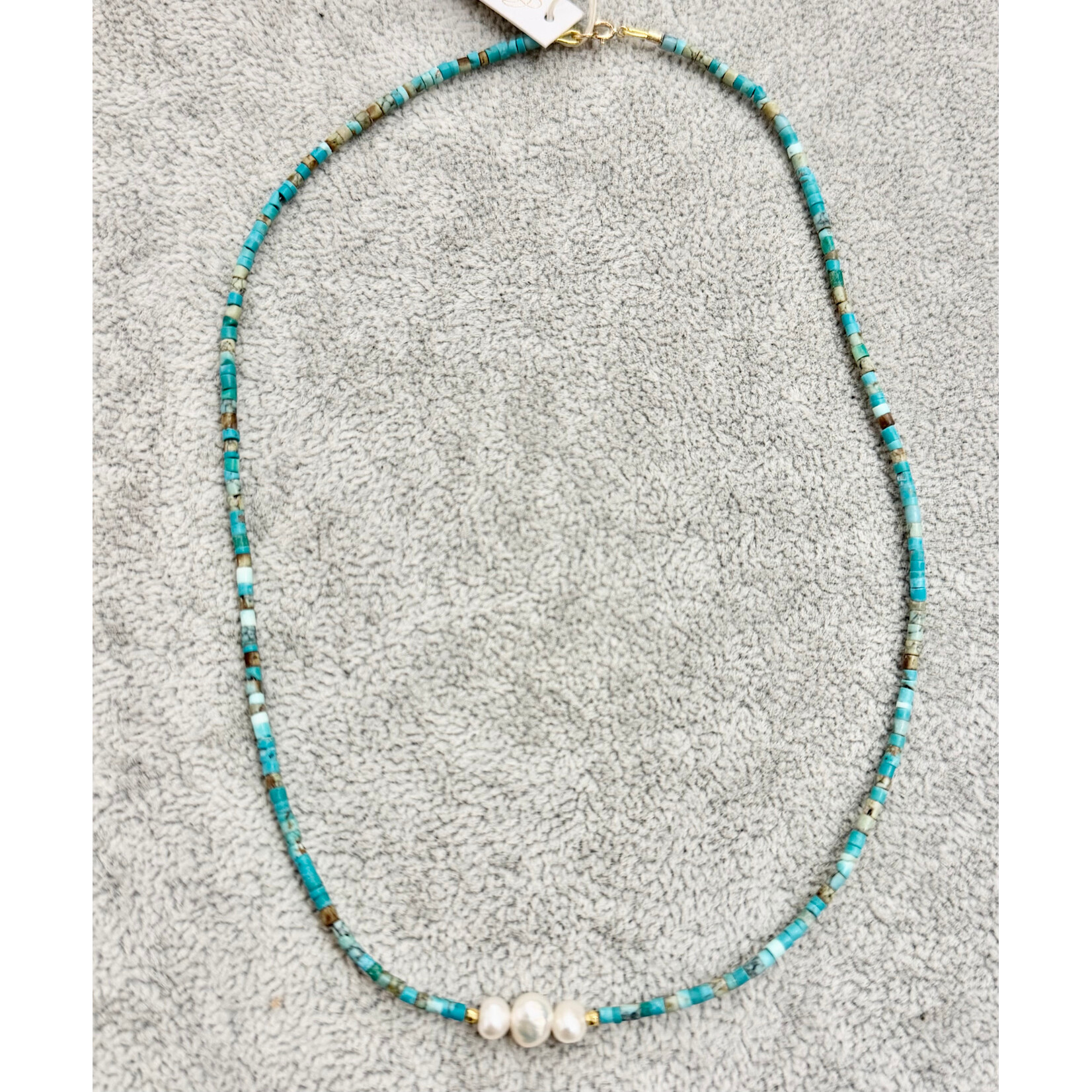 Theodosia Turquoise Tube and 3 Pearl Necklace, 14k, 16 inches