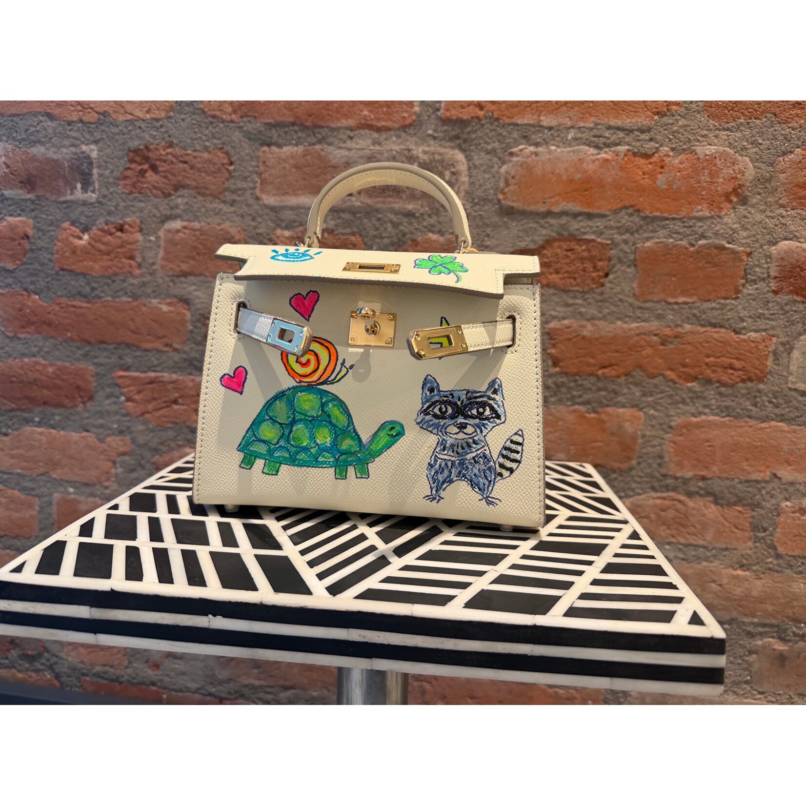 Kim Wyly Hand Painted Mini White Leather Kelly w/Raccoon