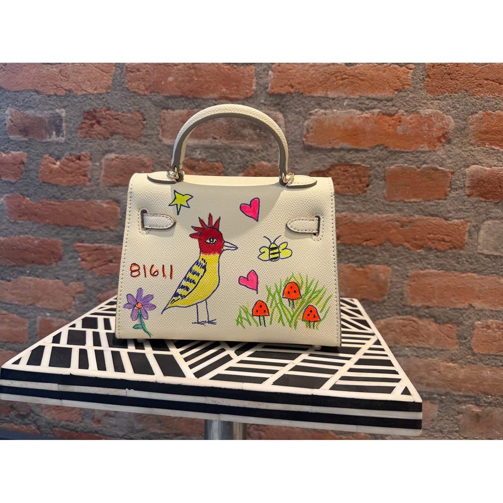 Kim Wyly Hand Painted Mini White Leather Kelly w/Raccoon