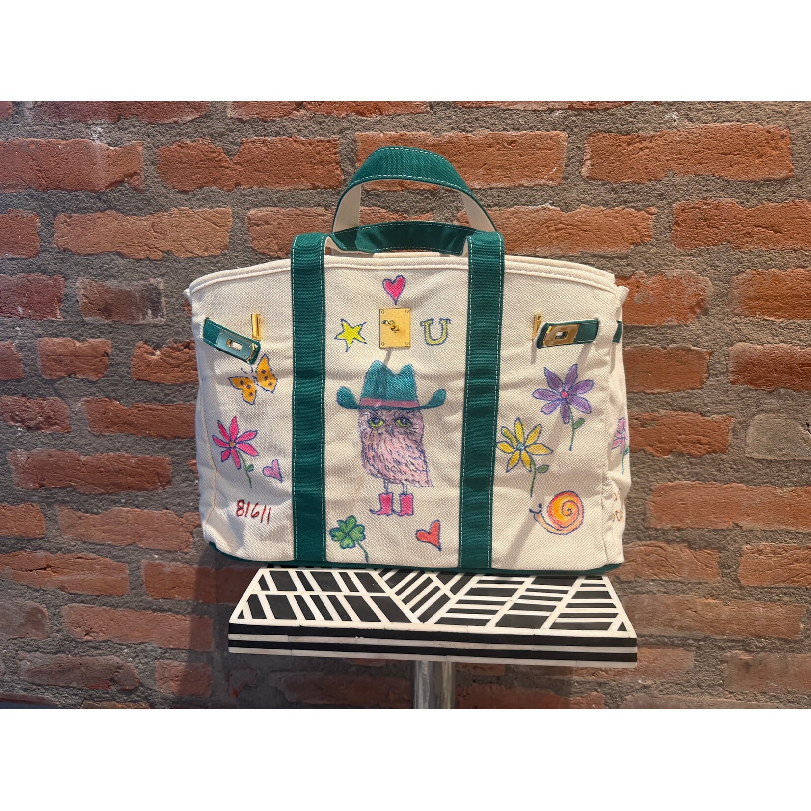 Kim Wyly Hand Painted Green Canvas Birkin with Blue Bear