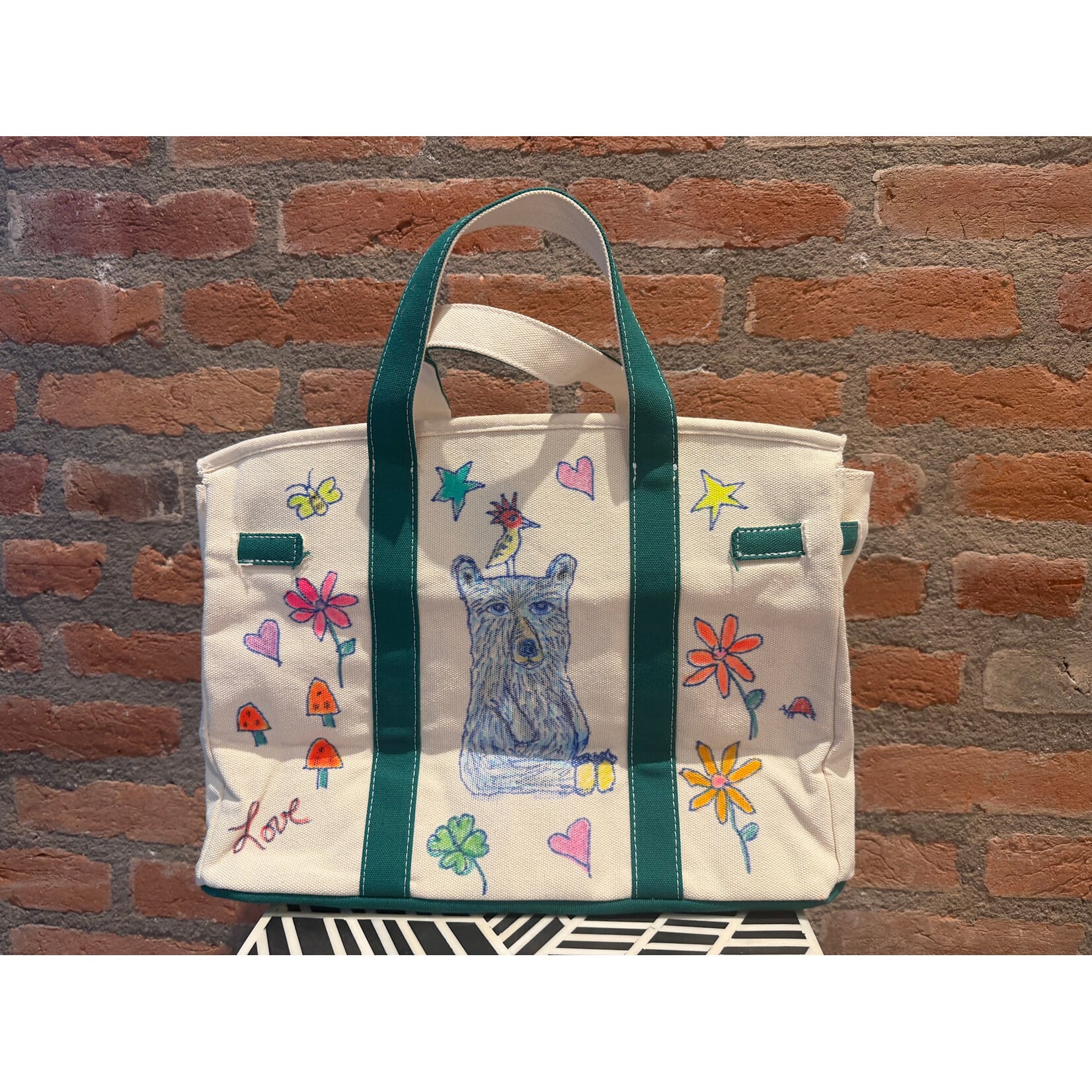 Kim Wyly Hand Painted Green Canvas Birkin with Blue Bear