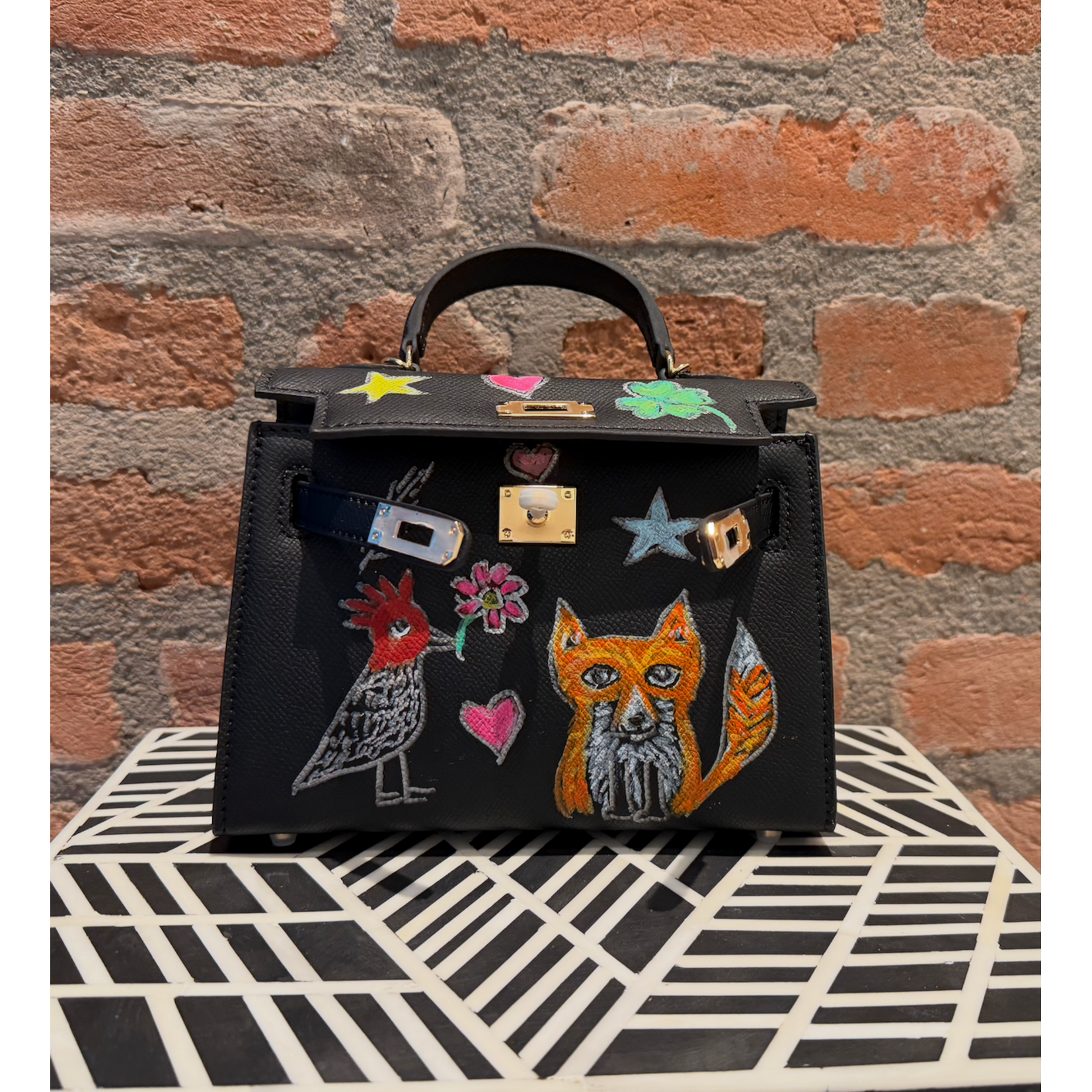 Kim Wyly Hand Painted  Leather Mini Kelly Black