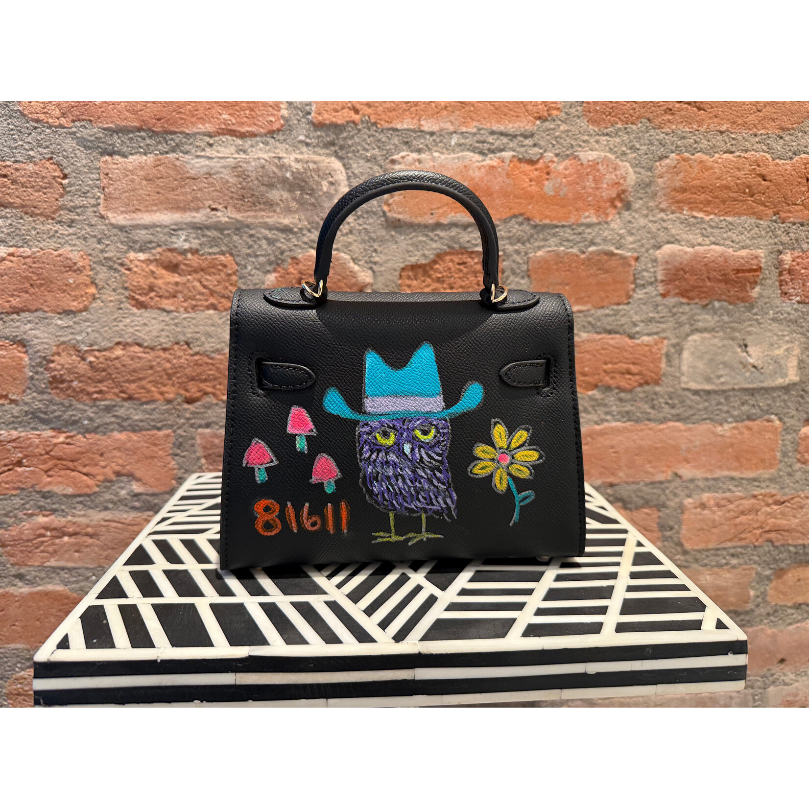 Kim Wyly Hand Painted  Leather Mini Kelly Black