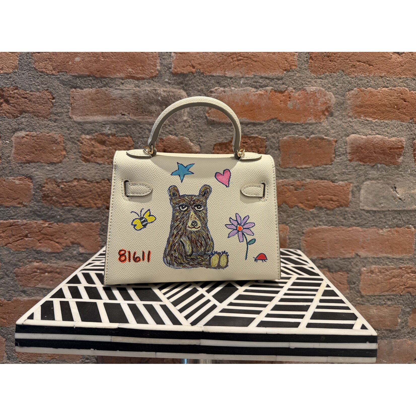 Kim Wyly Hand Painted  Leather Mini Kelly Off-White Fox/Woodpecker