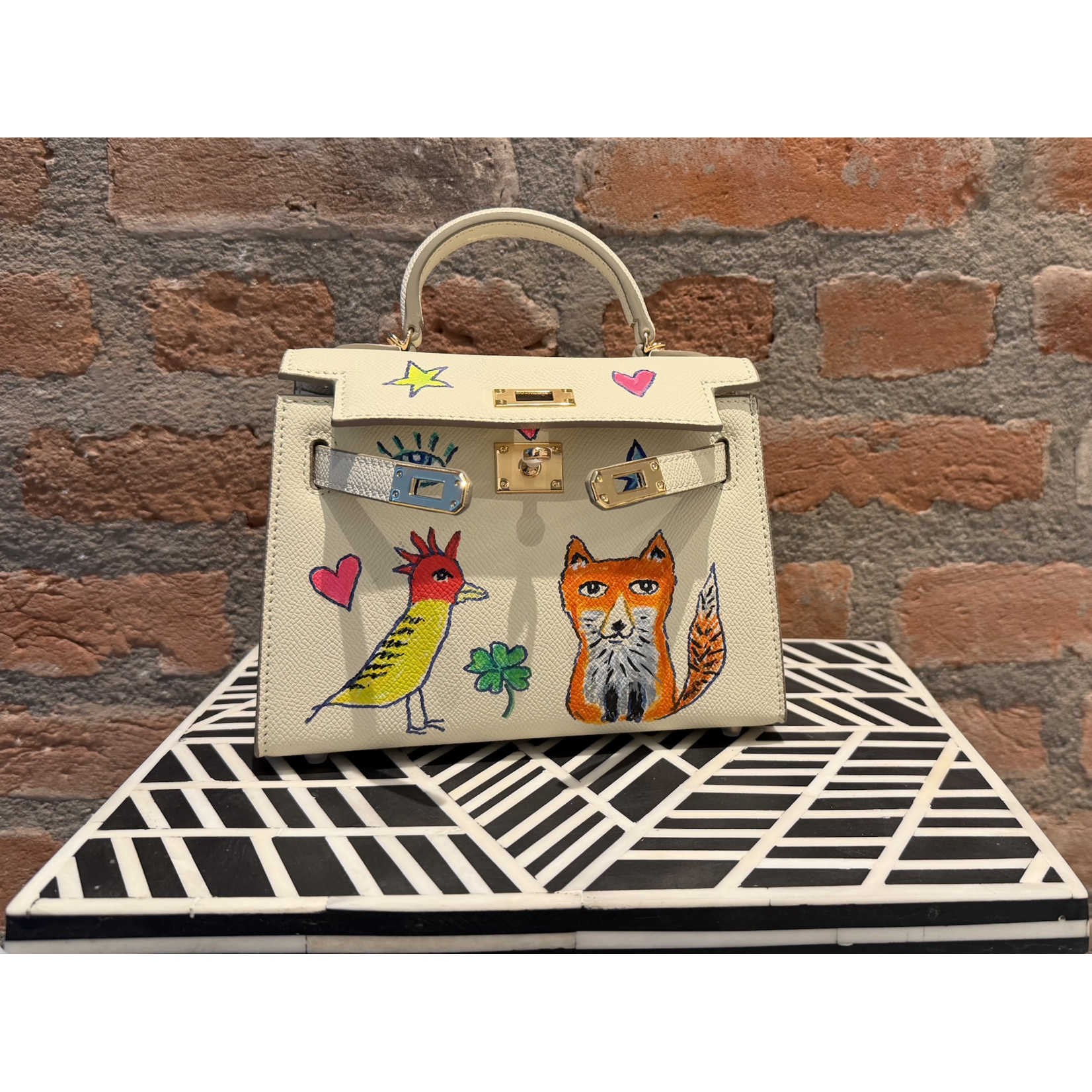 Kim Wyly Hand Painted  Leather Mini Kelly Off-White Fox/Woodpecker