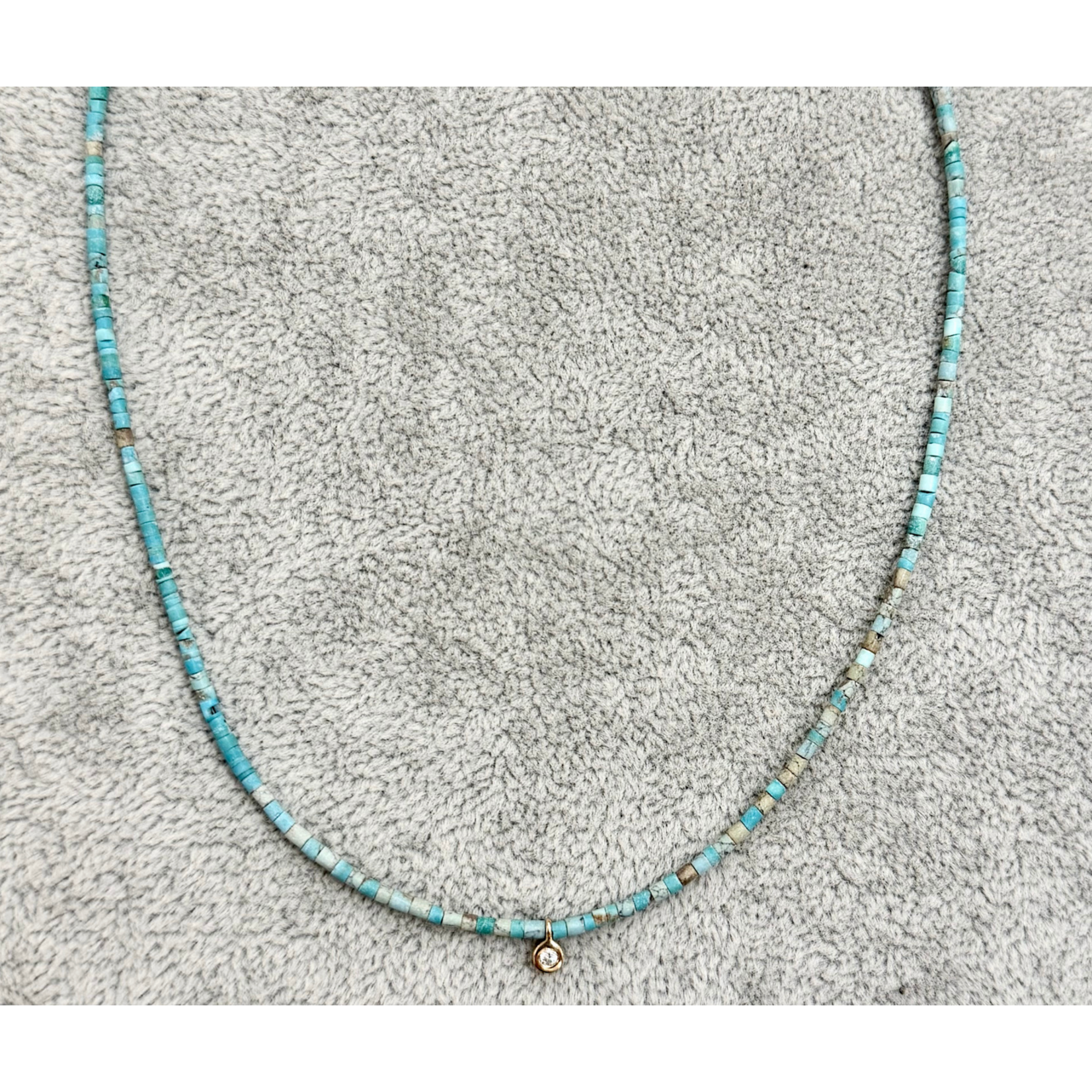Theodosia Delicate Turquoise Necklace with Gypsy Set Diamond, 14k, 17 inches