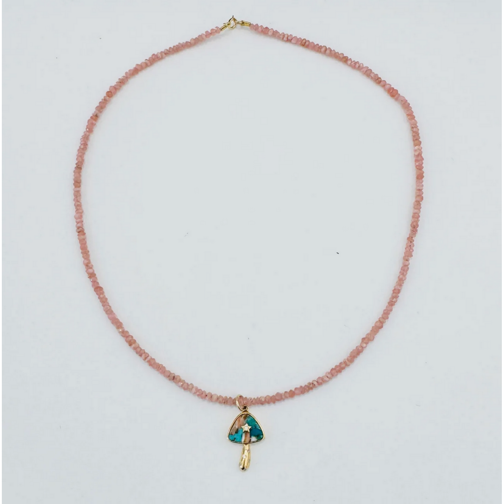 Theodosia Rhodocrosite Necklace with Mushroom, 16 inches