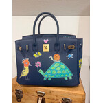 Kim Wyly Hand Painted Navy Leather Handbag, Turtle/Snail/Bee, 30cm