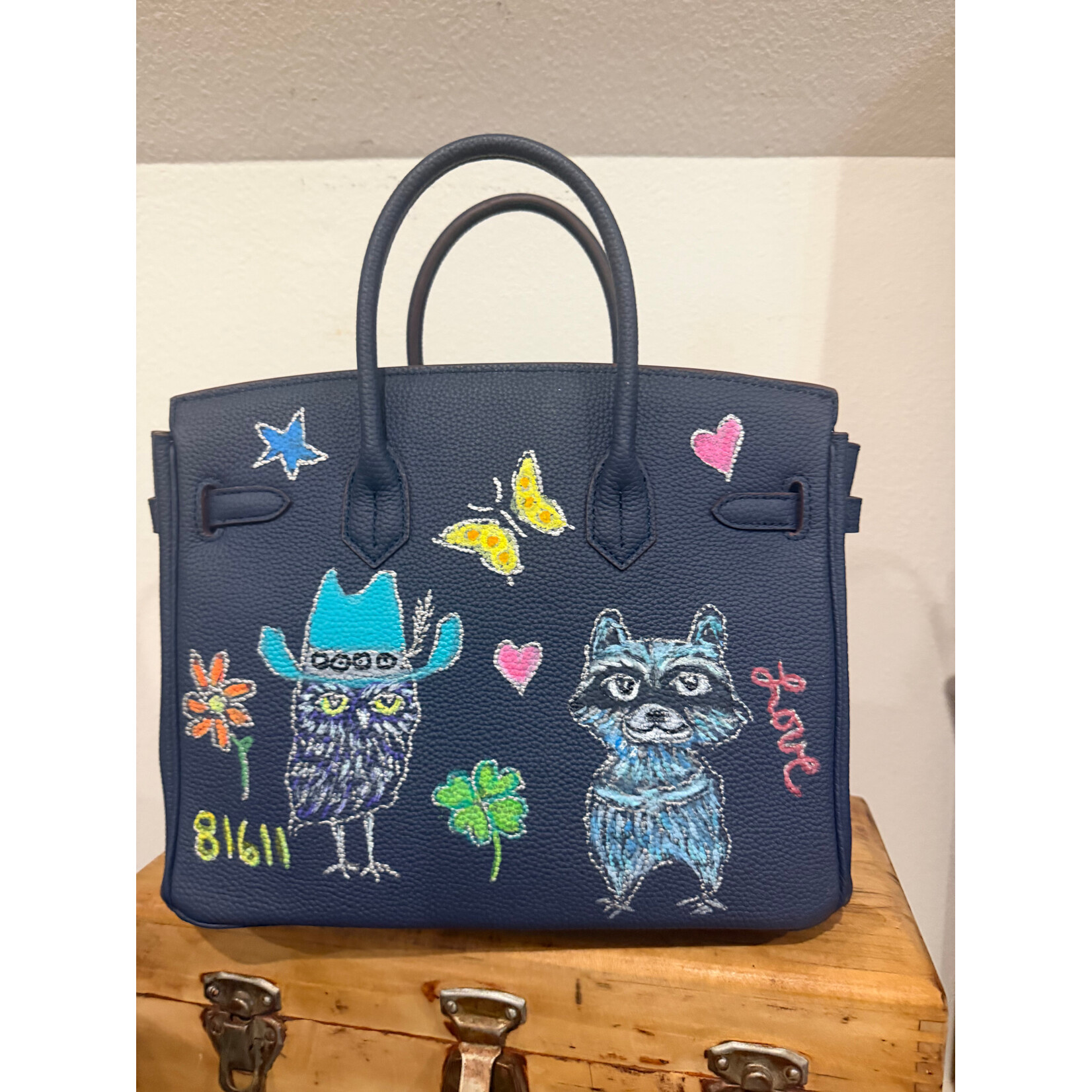 Kim Wyly Hand Painted Navy Leather Handbag, Turtle/Snail/Bee, 30cm